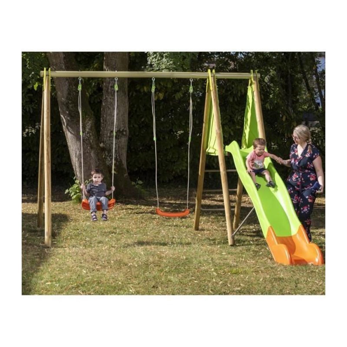 Trigano Portique bois et métal - 2,30m - 2 balançoires et 1 toboggan 2,63m - ARROBA TRIGANO