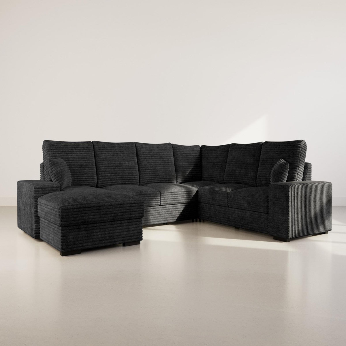 BEST MOBILIER Lorie - canapé panoramique d'angle droit 7 places convertible en velours côtelé grosse côte avec coffre