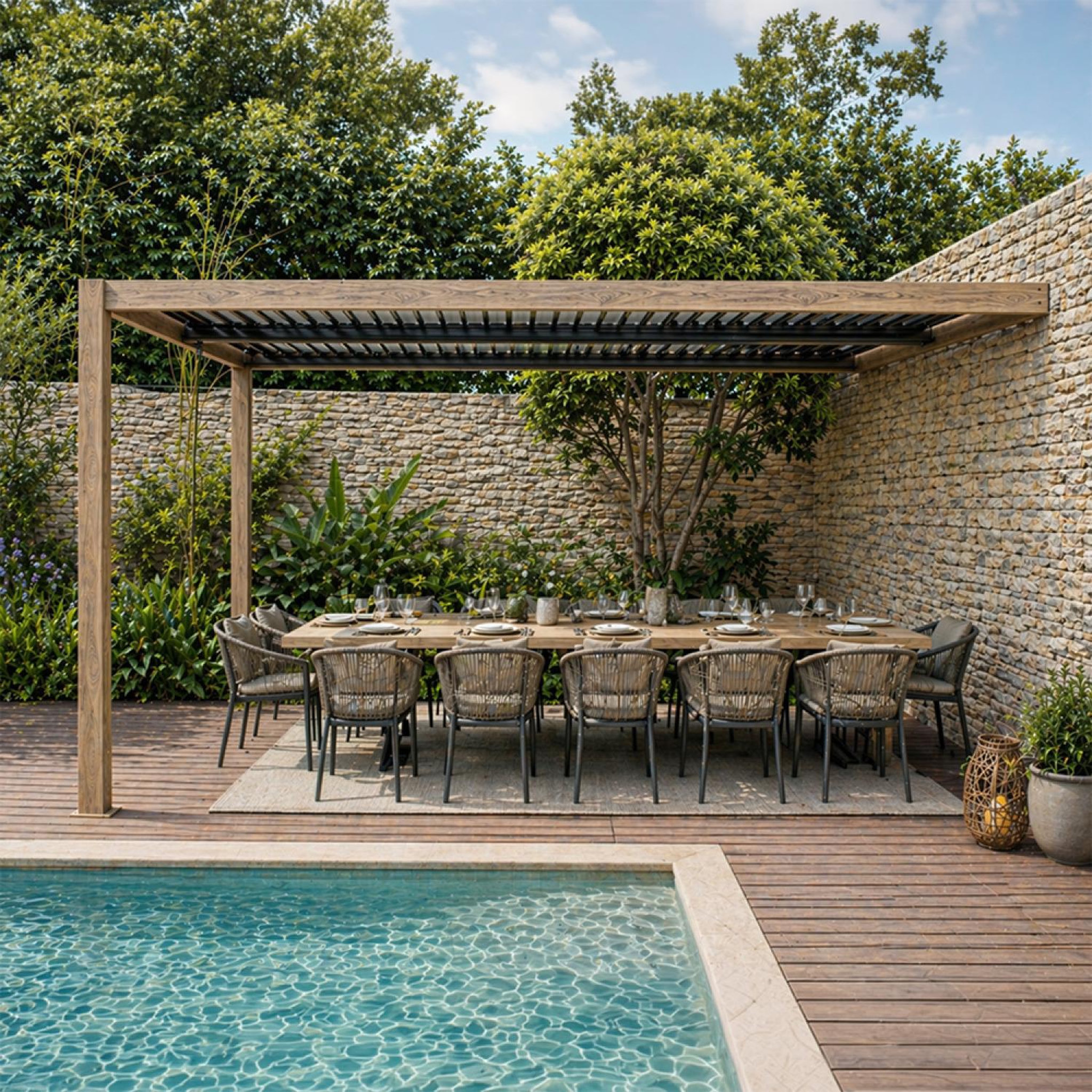 Voir la diapositive 6 : CONCEPT USINE Pergola bioclimatique 4x3m adossée effet bois sifnos