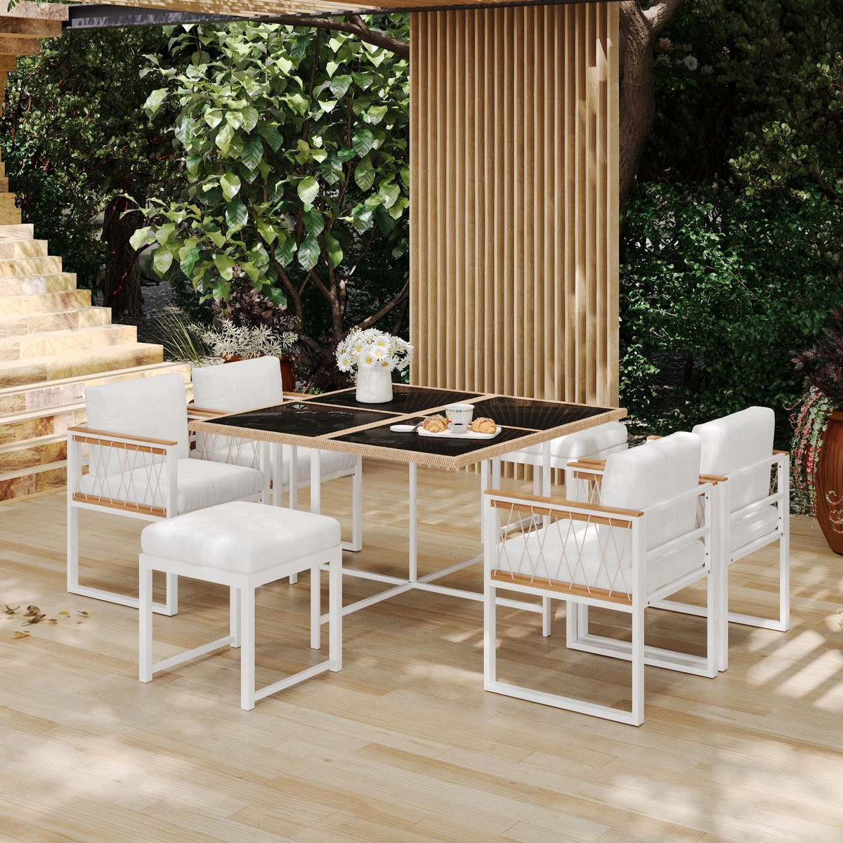 MERAX Salon de jardin 6 places avec table carrée, 4 fauteuils et 2 poufs