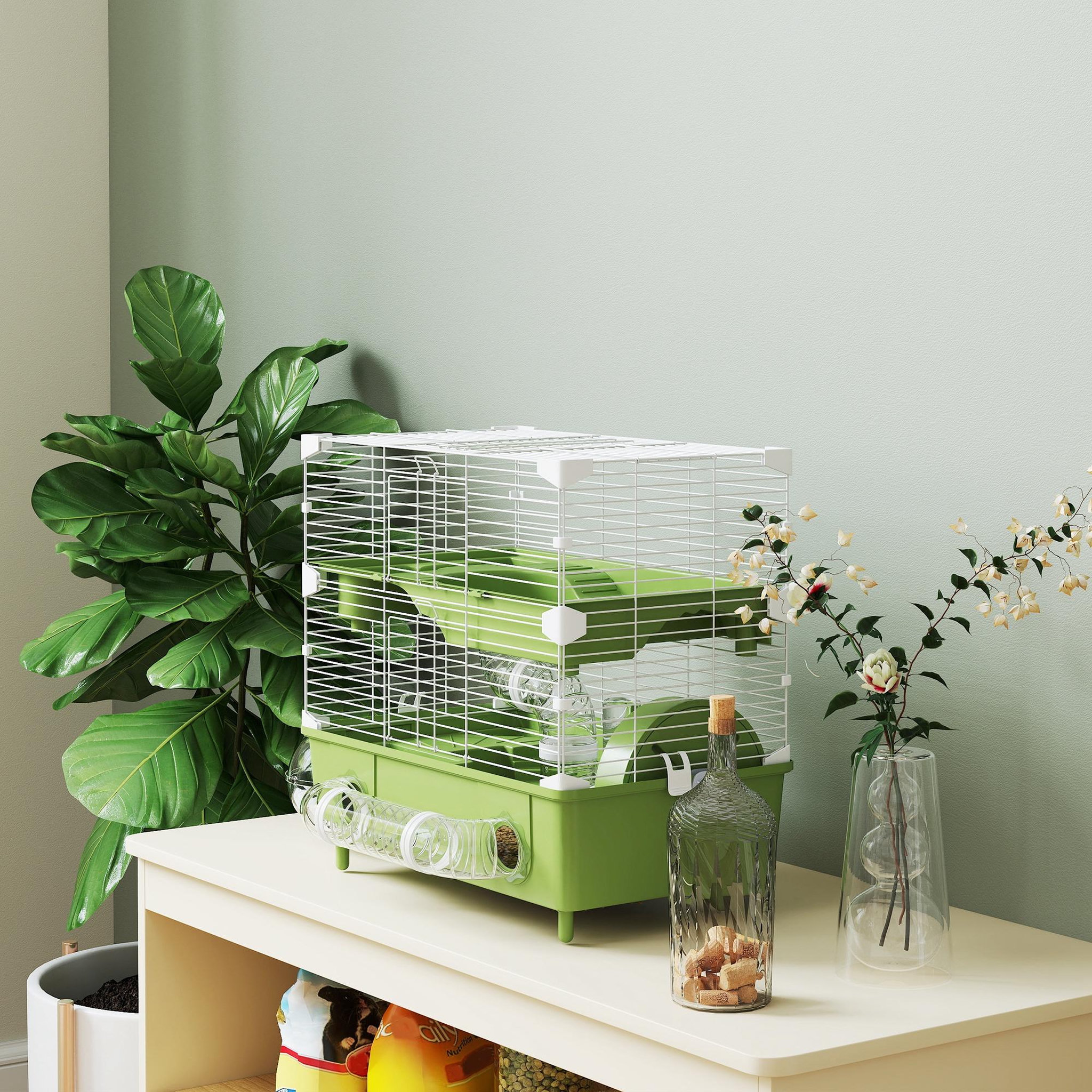 Voir la diapositive 2 : PAWHUT Cage pour hamster 2 niveaux roue sphère bac à sable tuyaux biberon eau dim. 44,5 x 28 x 44 cm blanc vert