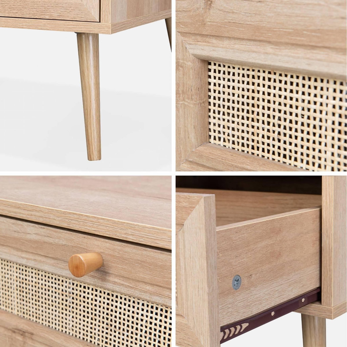 SWEEEK Table basse en cannage 110 x 59 x 39 cm - Bohème - Naturel. 1 tiroir. 1 espace de rangement. pieds scandinaves