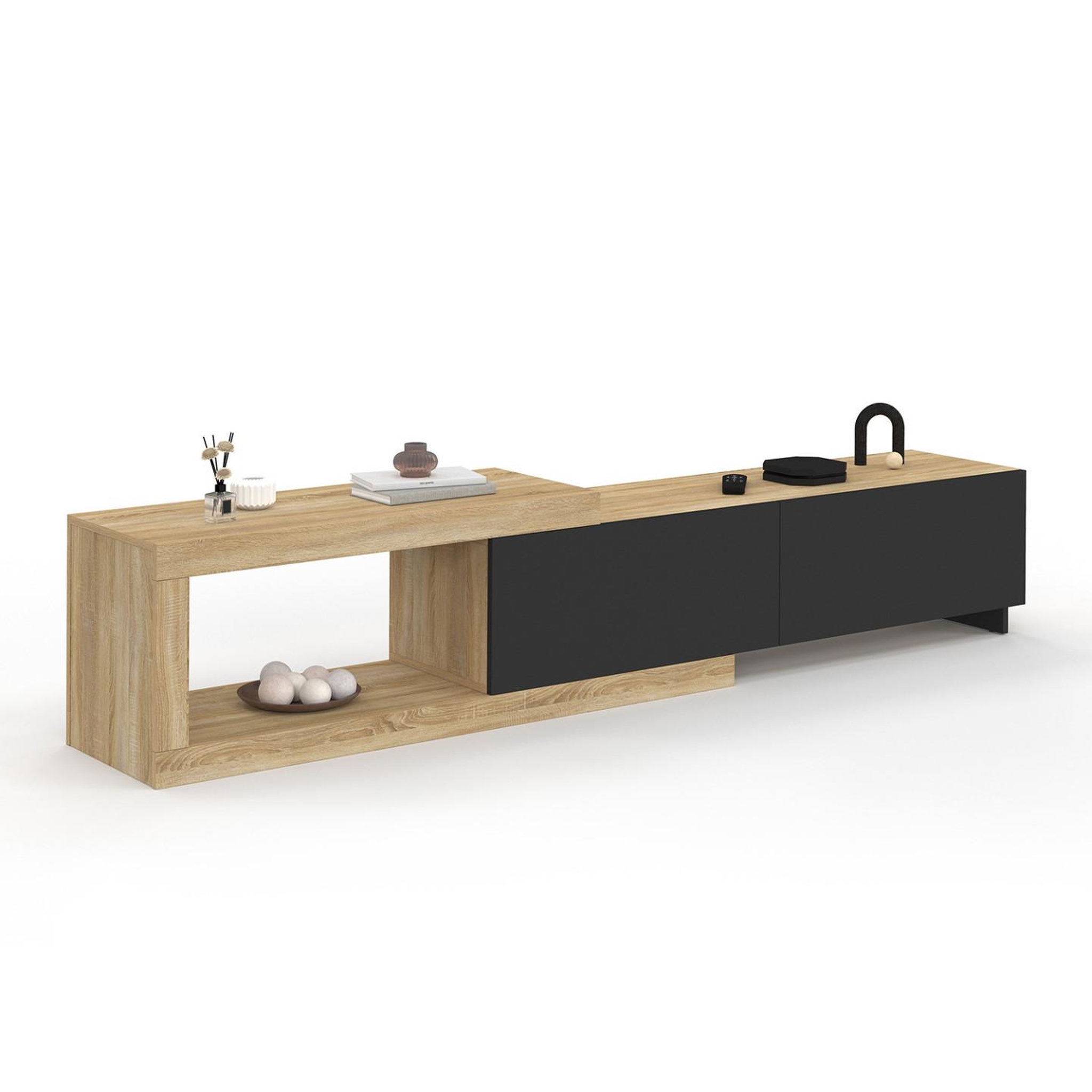 ID MARKET Meuble tv extensible 140-200 cm raphael 2 portes bois et noir
