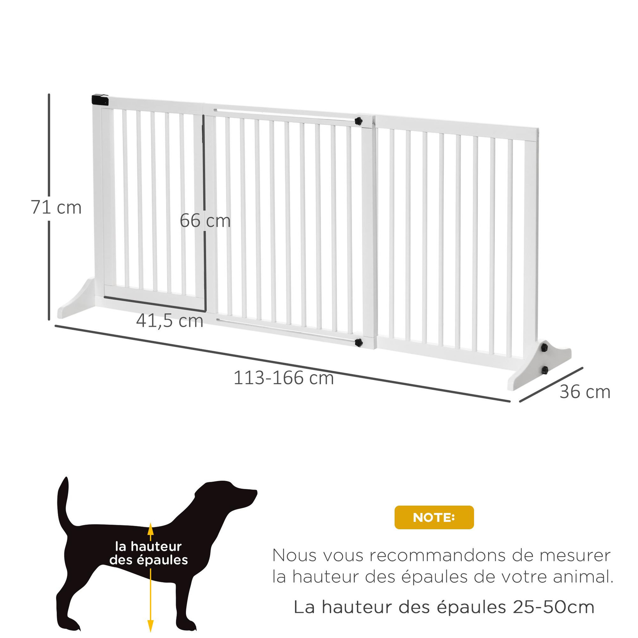 Voir la diapositive 3 : PAWHUT Barrière de sécurité chien barrière autoportante longueur réglable porte verrouillable intégrée dim. 113-166l x 36l x 71h cm sapin blanc