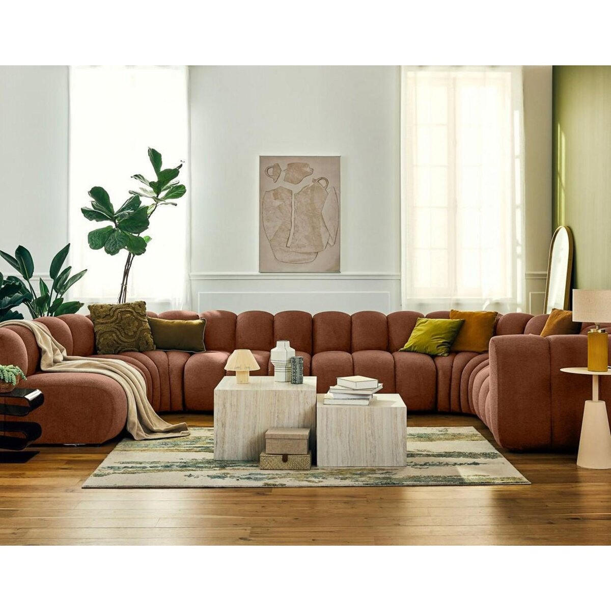 LISA DESIGN Debbie - canapé modulable panoramique d'angle gauche 7 places en tissu texturé