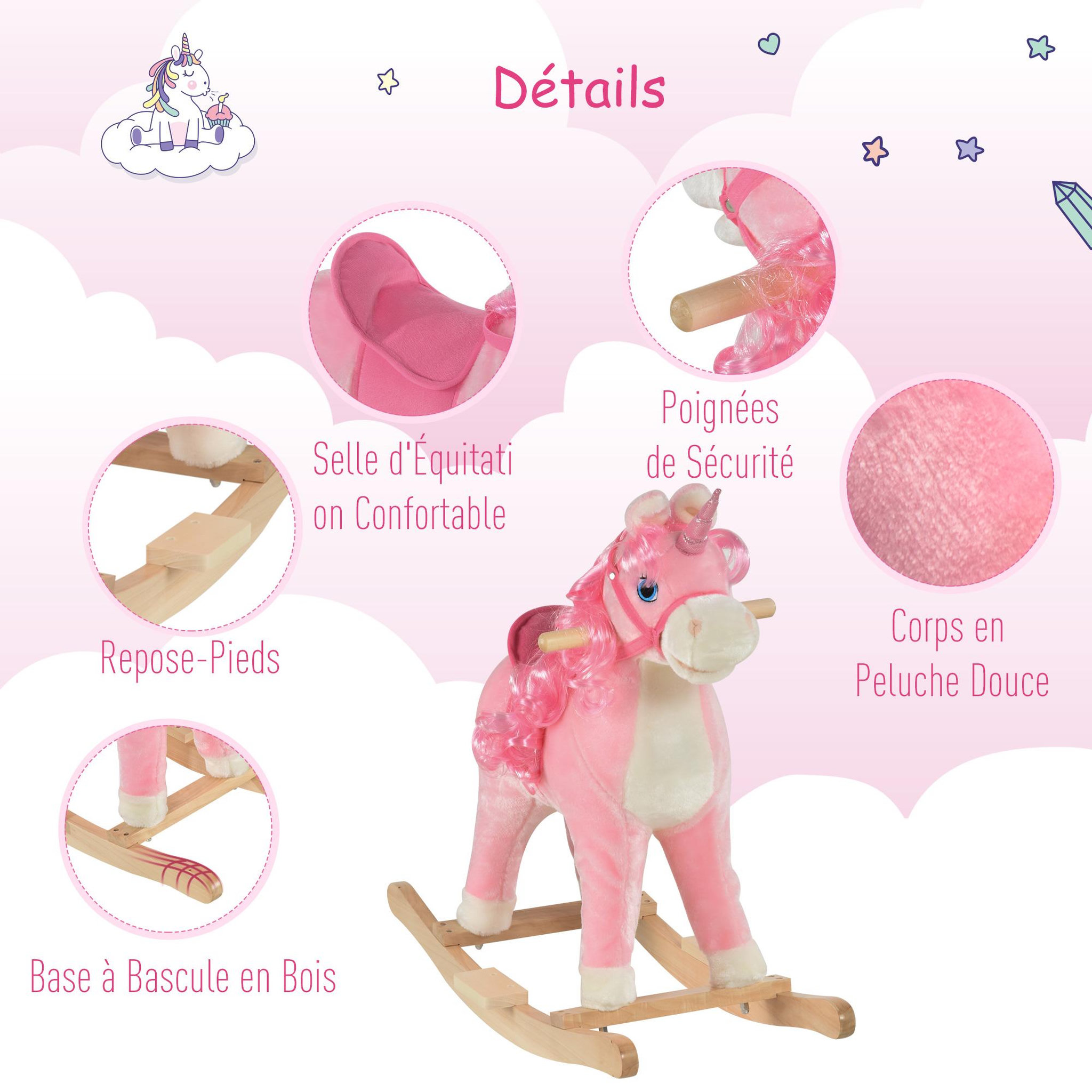 Voir la diapositive 4 : HOMCOM Cheval à bascule modèle licorne avec sons authentiques selle grand confort bois de peuplier rose dim. L74 x l33 x 62H cm