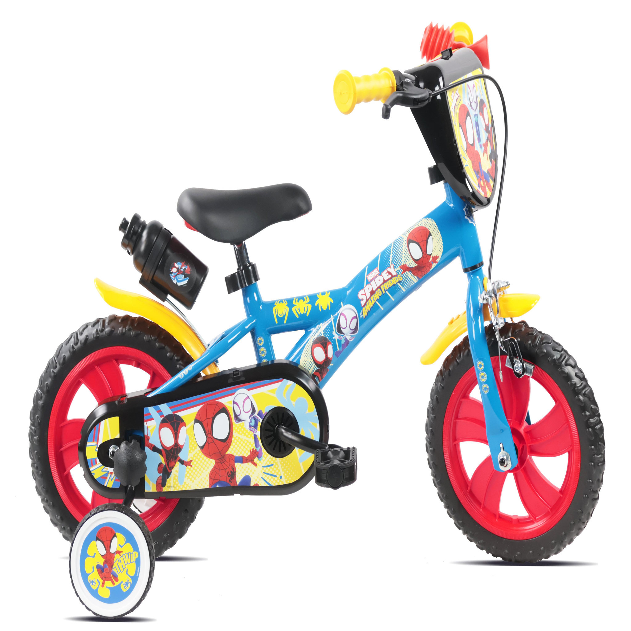Marvel Vélo enfant 12'' SPIDEY - Idéal pour enfant de taille < 90 cm - livré avec 1 frein, 2 stabilisateurs et plaque avant décorative !
