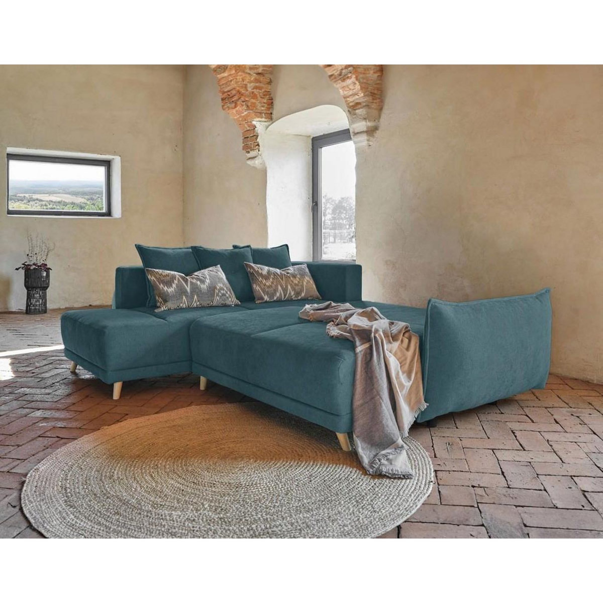 BEST MOBILIER Lena - canapé d'angle gauche convertible - 5 places - bleu canard - style scandinave - bleu canard