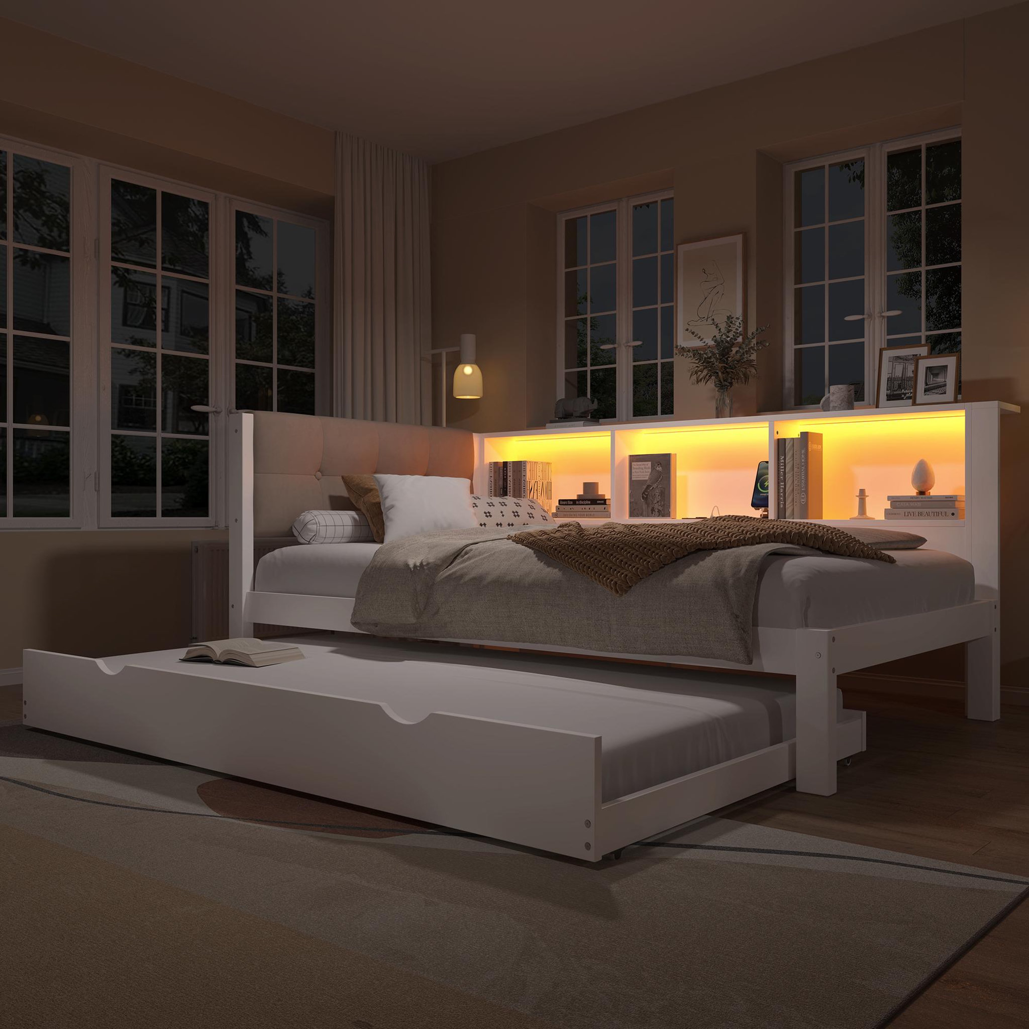 Voir la diapositive 5 : MERAX Lit gigogne 90x200cm pin coloris blanc led