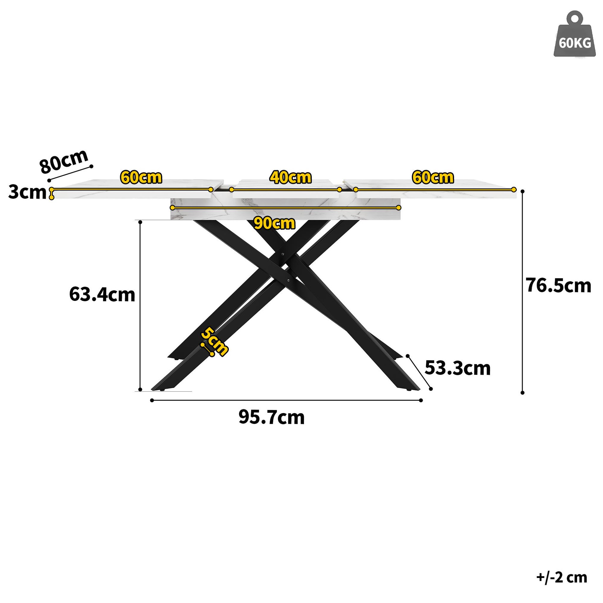 Voir la diapositive 3 : MERAX Table à manger rectangulaire avec allonge blanc+noir - 80x120-160max.cm mdf et métal