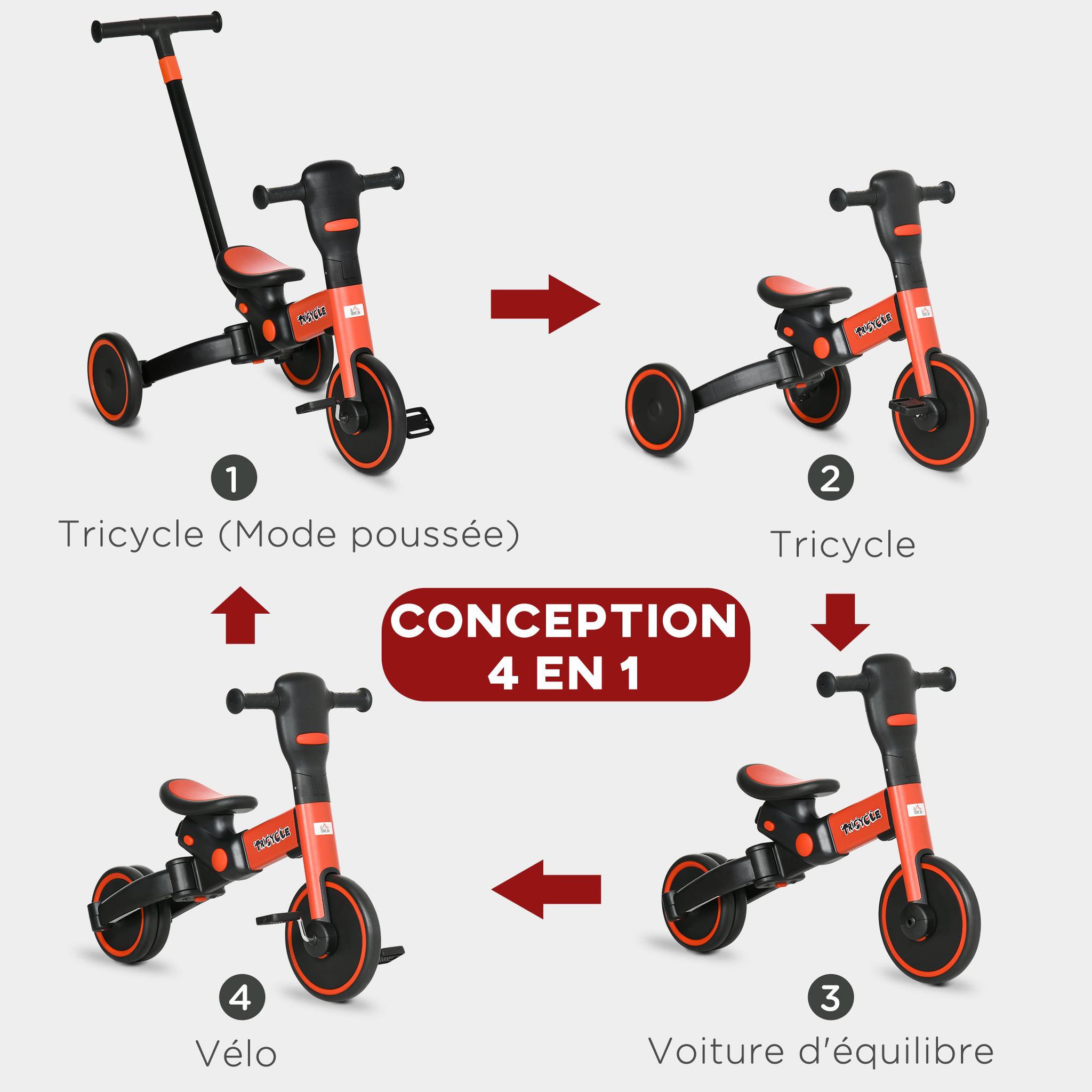 Voir la diapositive 4 : HOMCOM Tricycle enfant évolutif 4 en 1 - tricycle à pousser, tricycle simple, draisienne, vélo - canne  télescopique - guidon pliable - alu. rouge PP noir