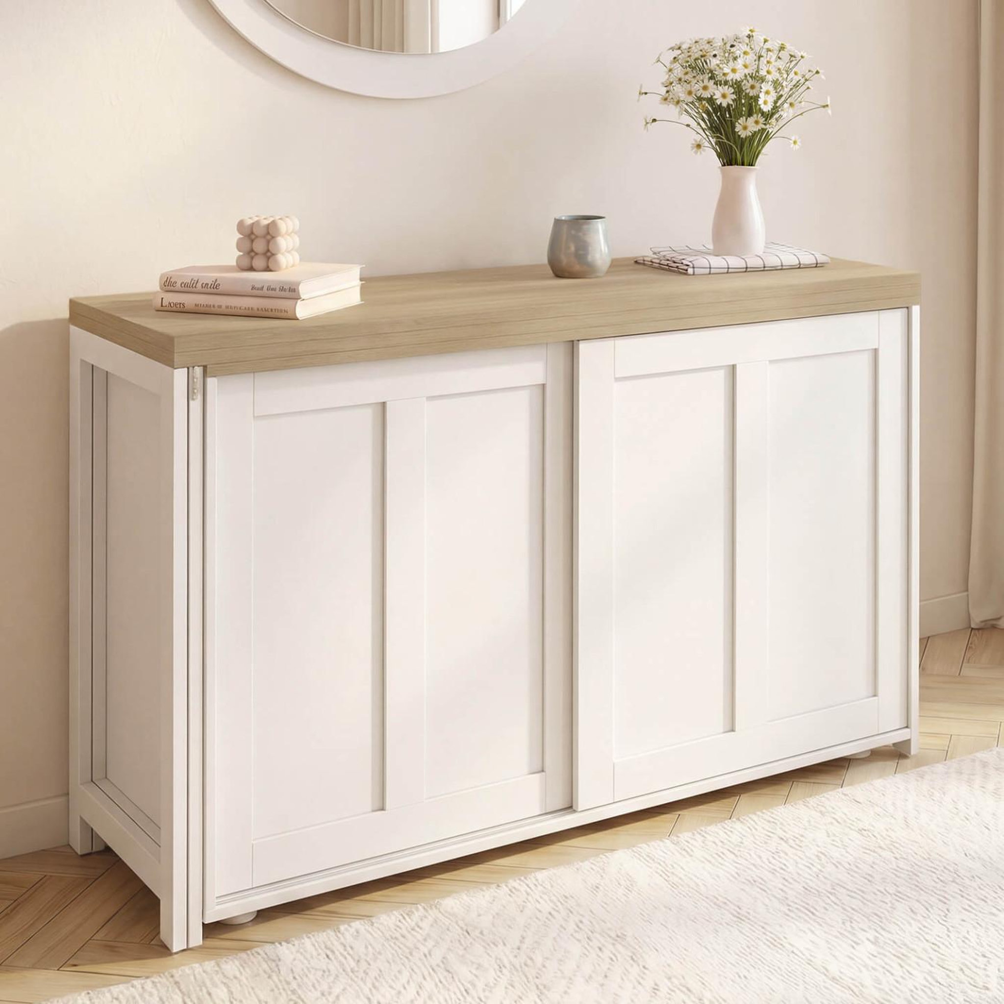 Voir la diapositive 3 : ID MARKET Buffet extensible 120 cm 2 portes coulissantes avec table à manger rotative et pliable jango 2 à 4 personnes blanc et bois