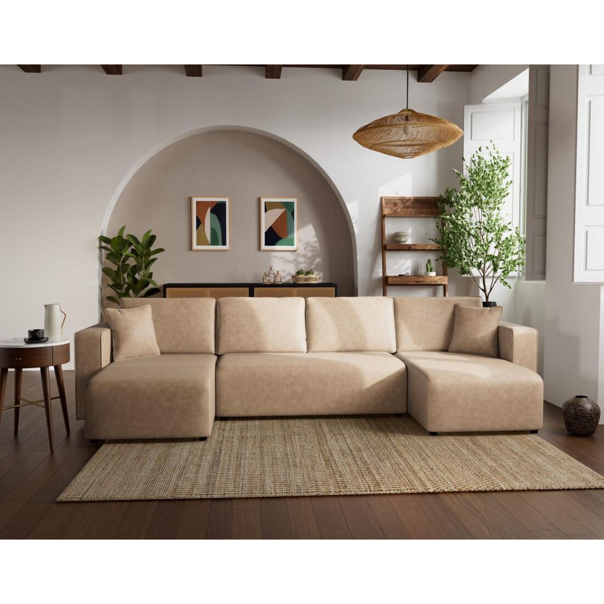 BEST MOBILIER Topaze - canapé panoramique en u 7 places convertible avec coffre en simili