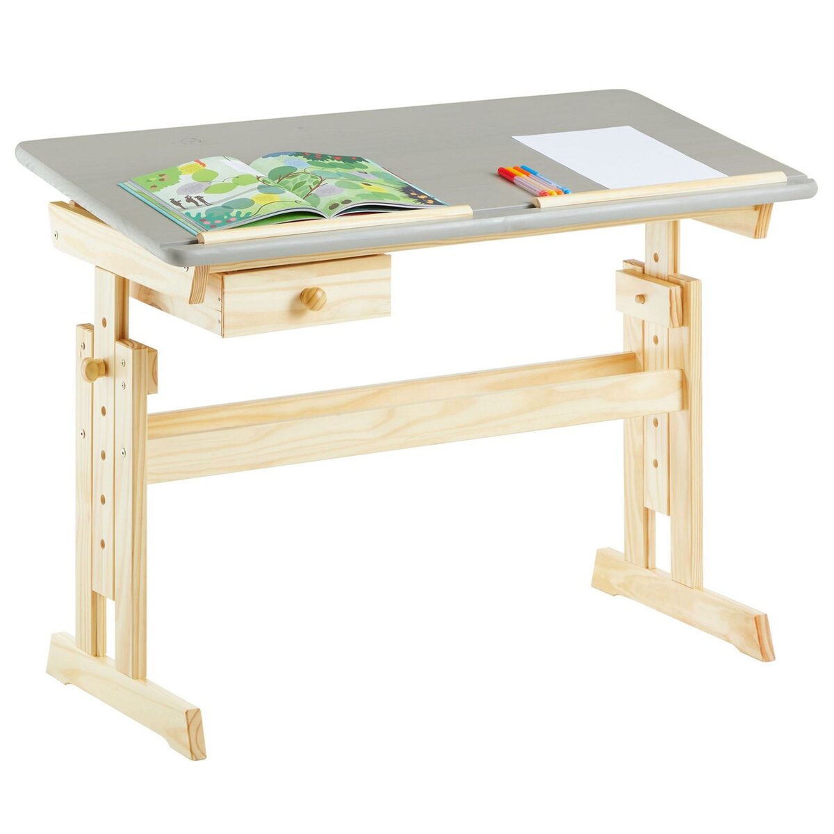 IDIMEX Bureau enfant FLEXI table à dessin réglable en hauteur et pupitre  inclinable avec 1 tiroir, en pin massif vernis naturel et gris pas cher 