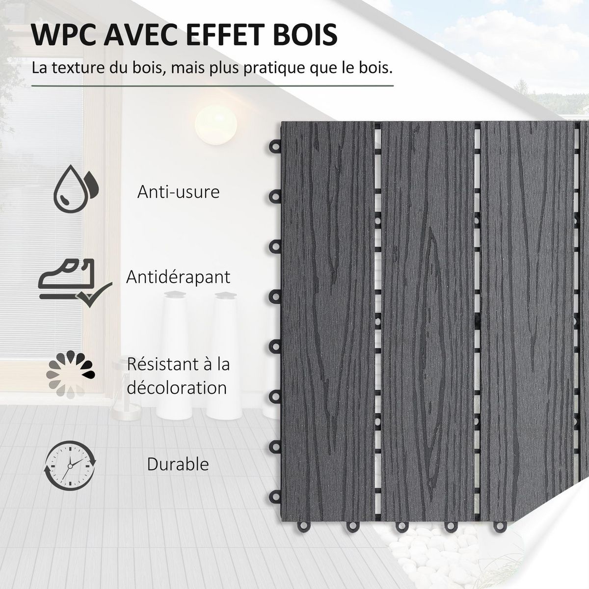 OUTSUNNY Caillebotis - dalles terrasse - lot de 11 - clipsables, installation très simple - lamelles composite aspect bois