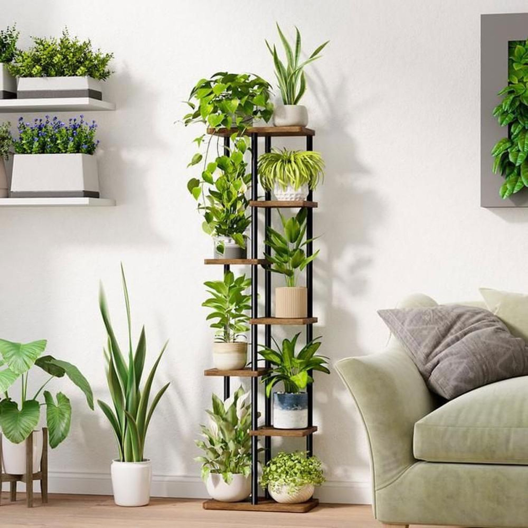 Voir la diapositive 3 : Support à plantes 7 niveaux brun rustique, cadre en fer pur et étagères en MDF épais