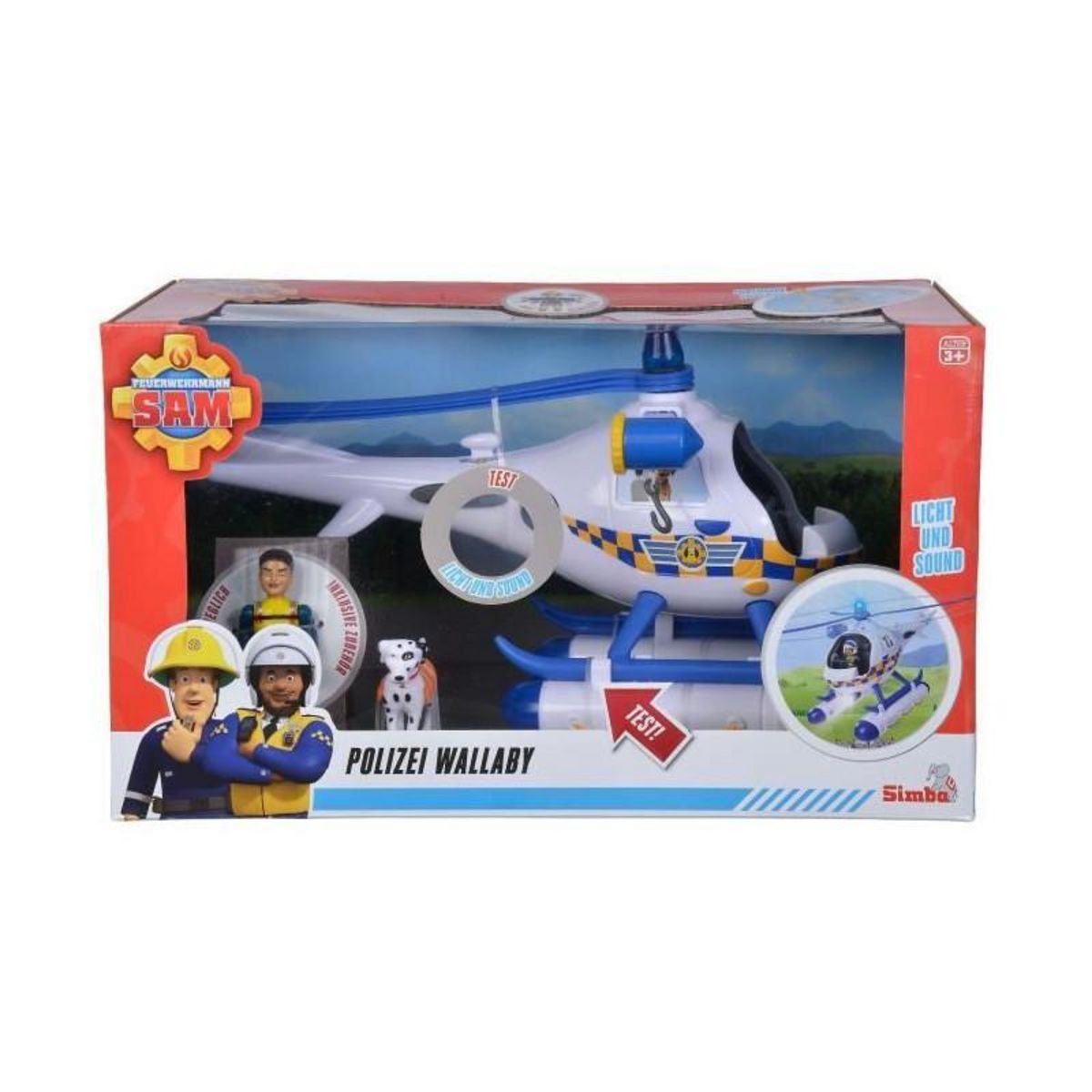SIMBA Fireman Sam Wallaby hélicoptere de police son et lumiere + figurine