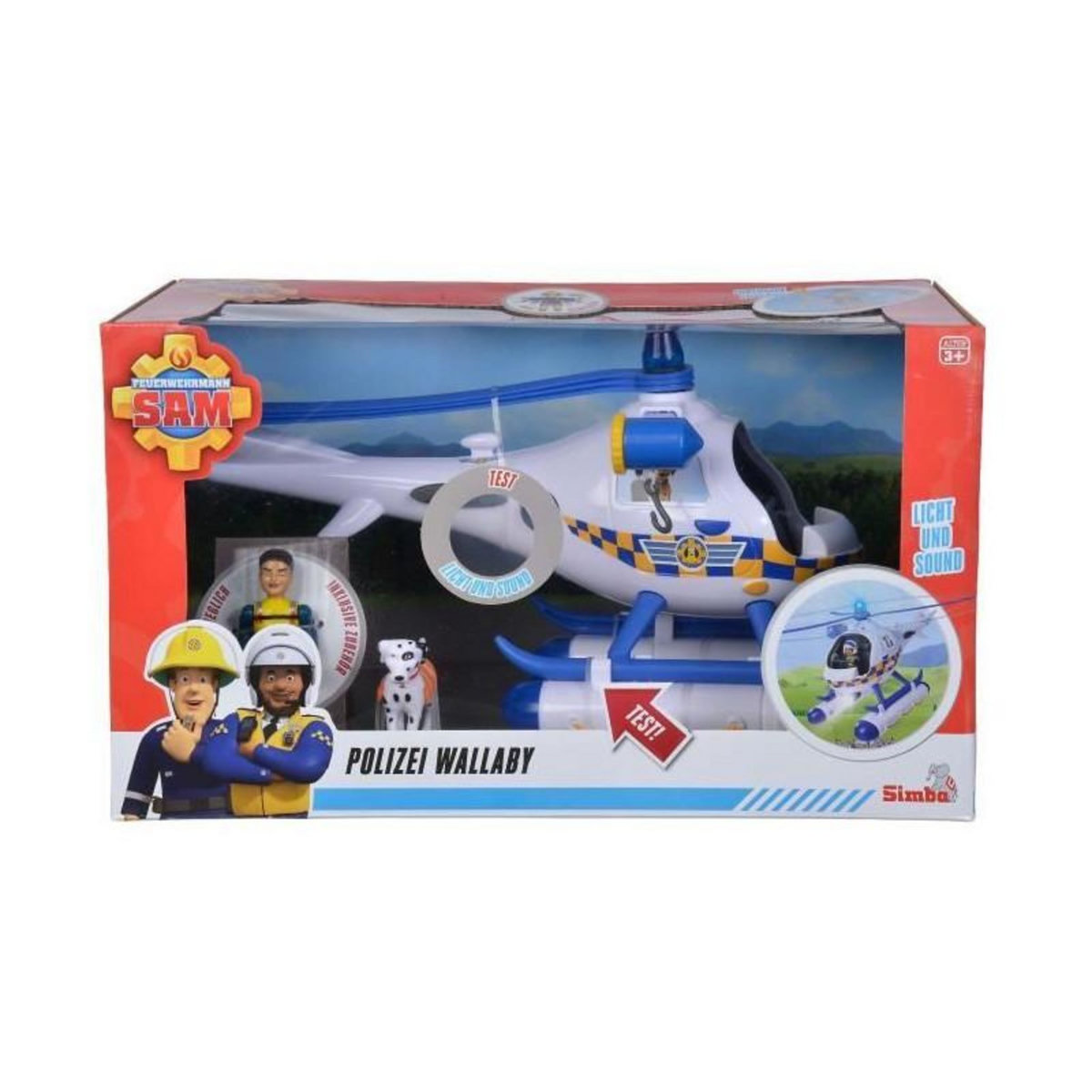 SIMBA Fireman Sam Wallaby hélicoptere de police son et lumiere + figurine