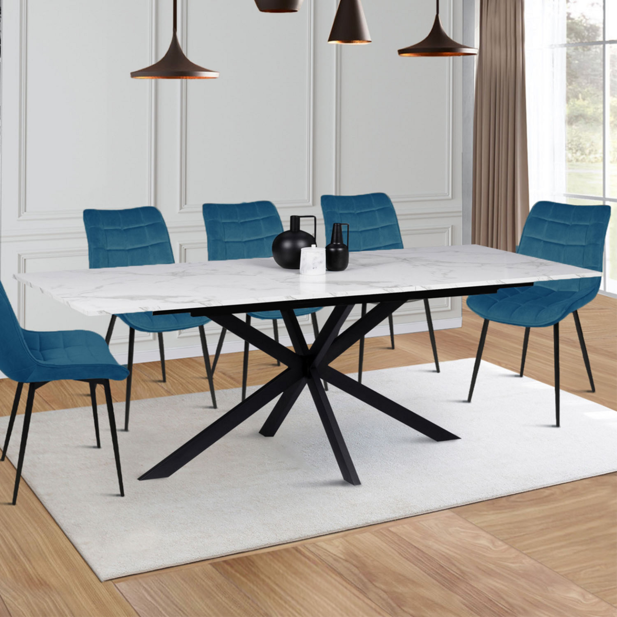 ID MARKET Table à manger extensible rectangle ALIX 6-10 personnes pied araignée noir plateau effet marbre blanc ALASKA 160-200 cm
