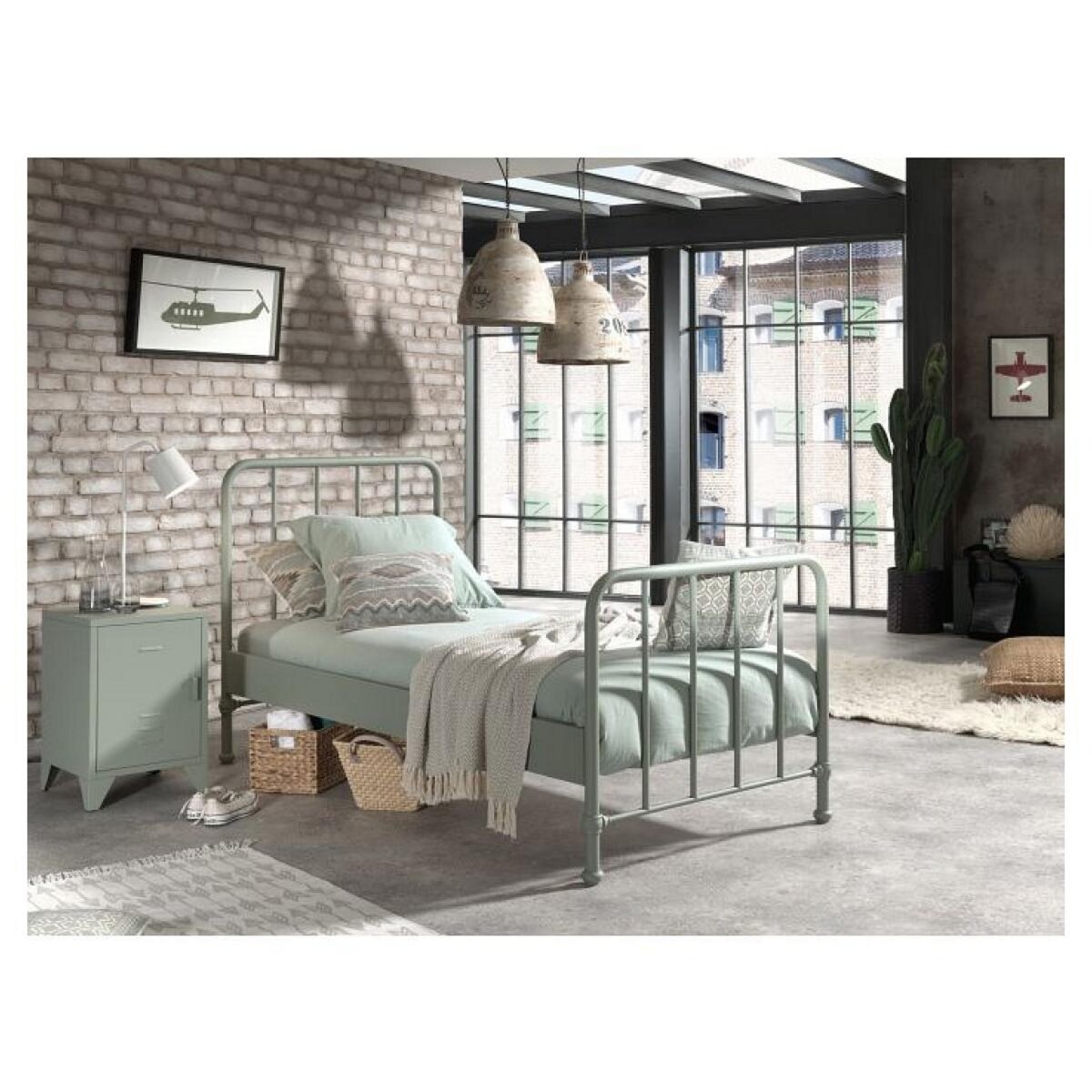 Vipack Lit et chevet 90x200 vert Bronxx