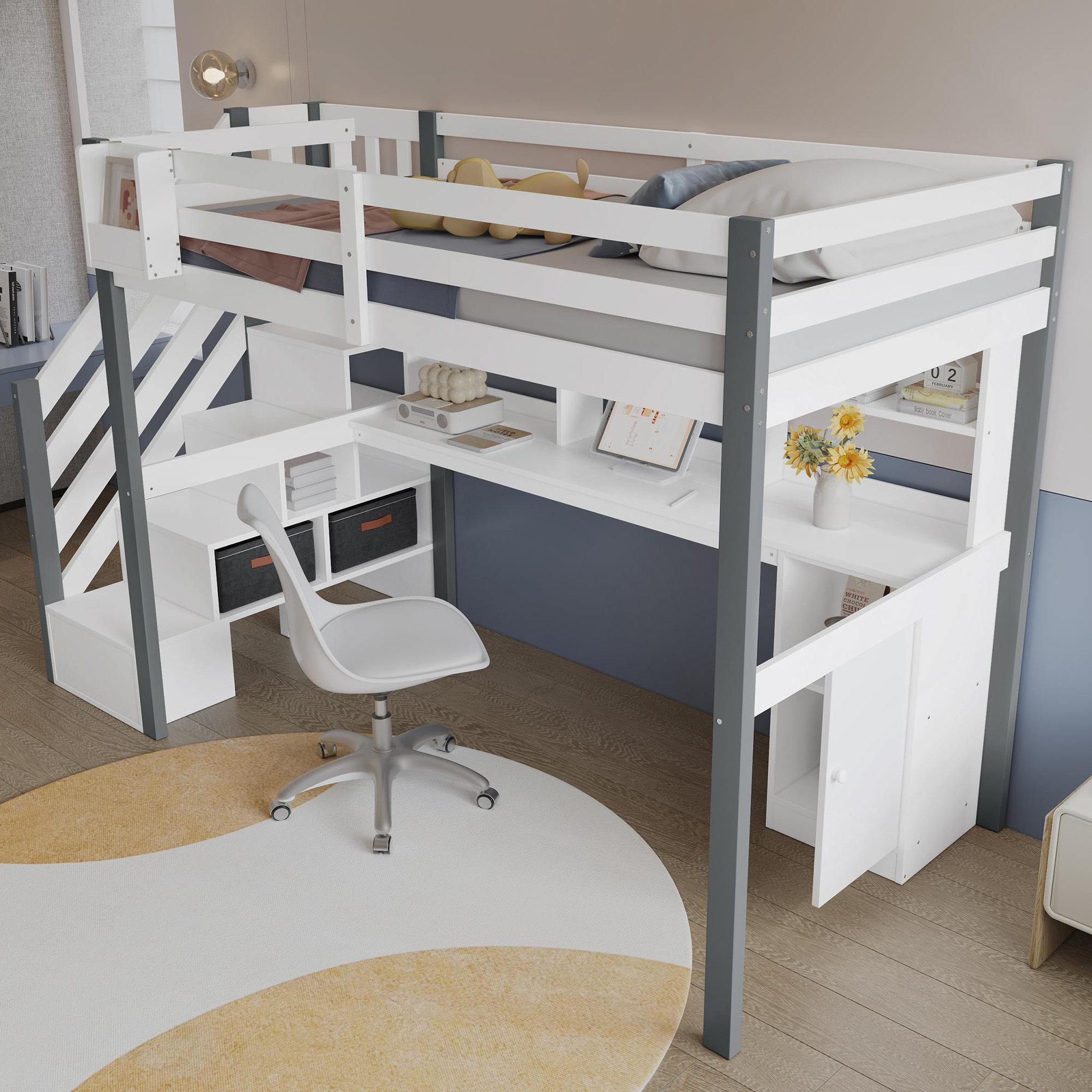 Voir la diapositive 5 : MERAX Lit combiné enfant 90x200cm bois et mdf coloris blanc+gris