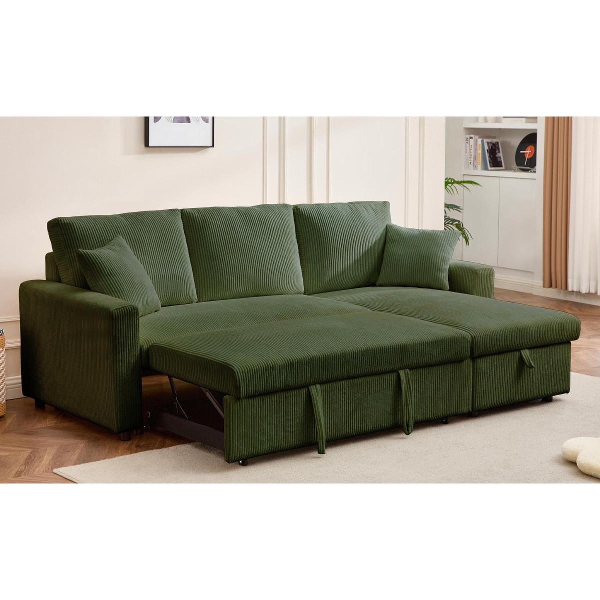 Voir la diapositive 5 : Paris Prix Canapé d'angle convertible  en velours côtelé  brooke  230cm vert