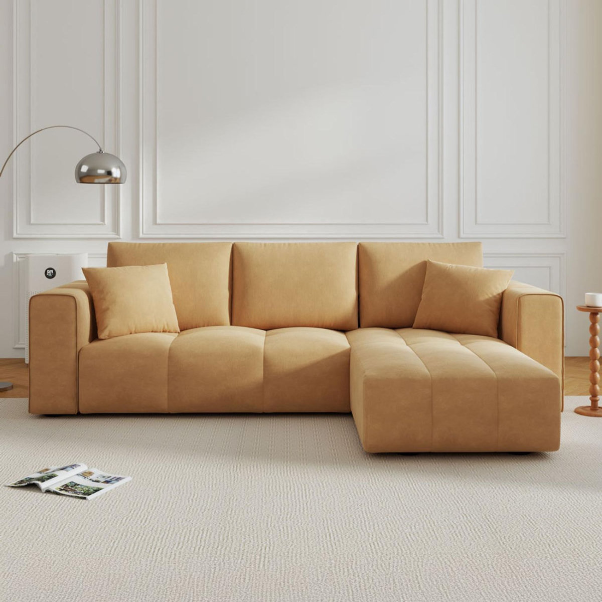 CONCEPT USINE Canapé d'angle convertible 4 places avec coffre en velours jaune BRIGHTON