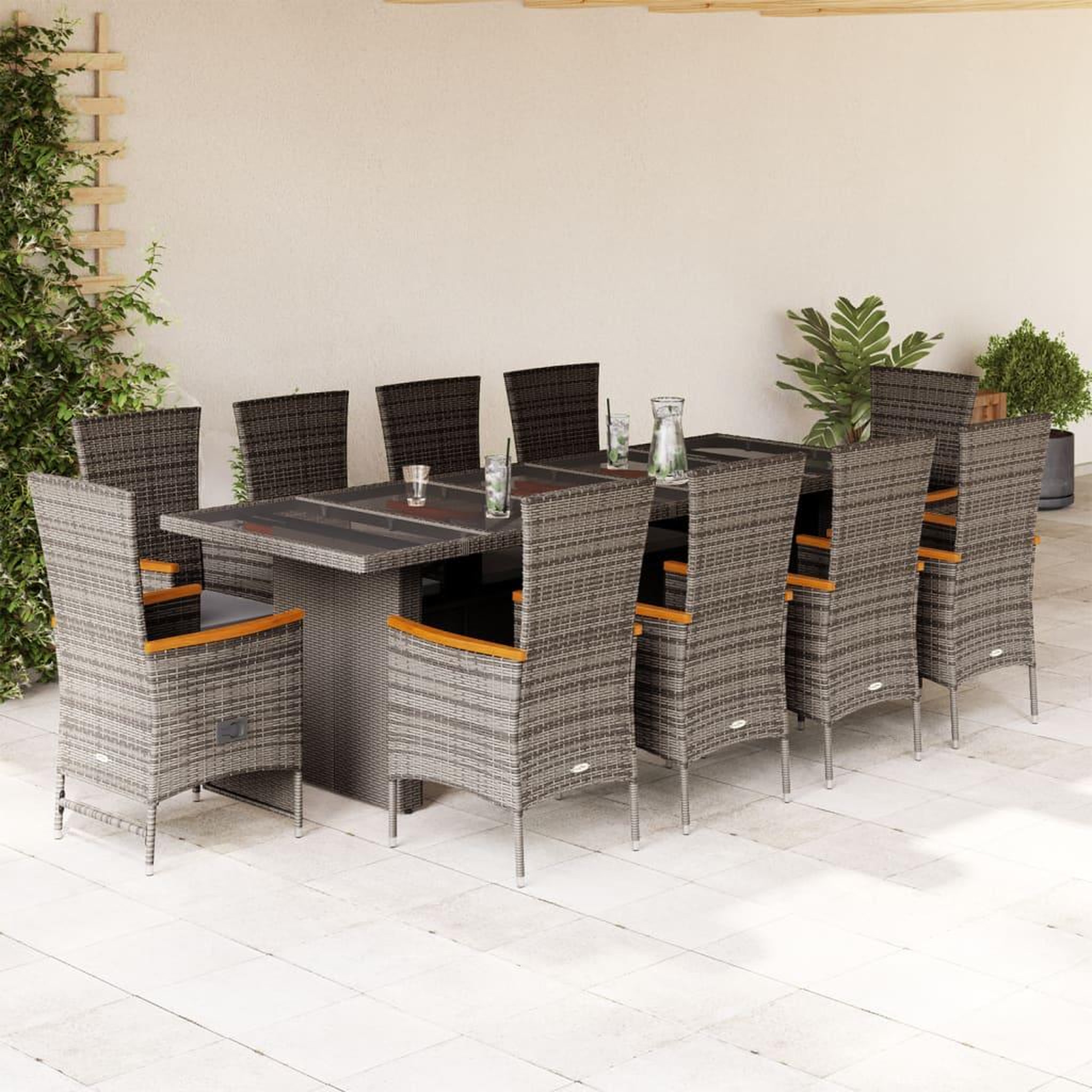 VIDAXL Ensemble a manger de jardin 11pcs avec coussins gris poly rotin