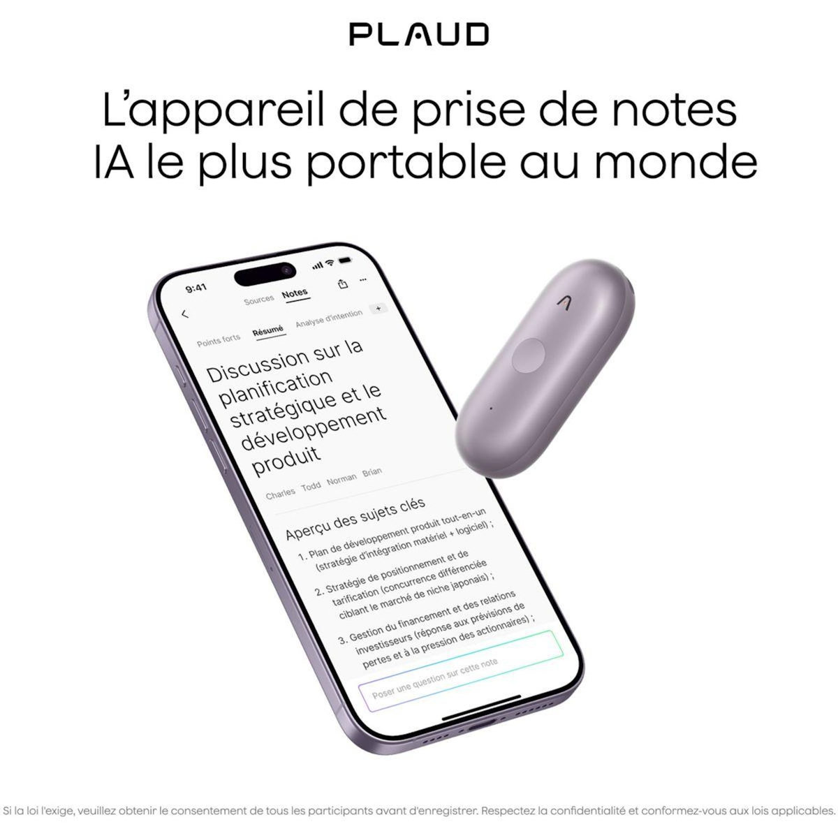 PLAUD DICTAPHONE Note Pin S Argent