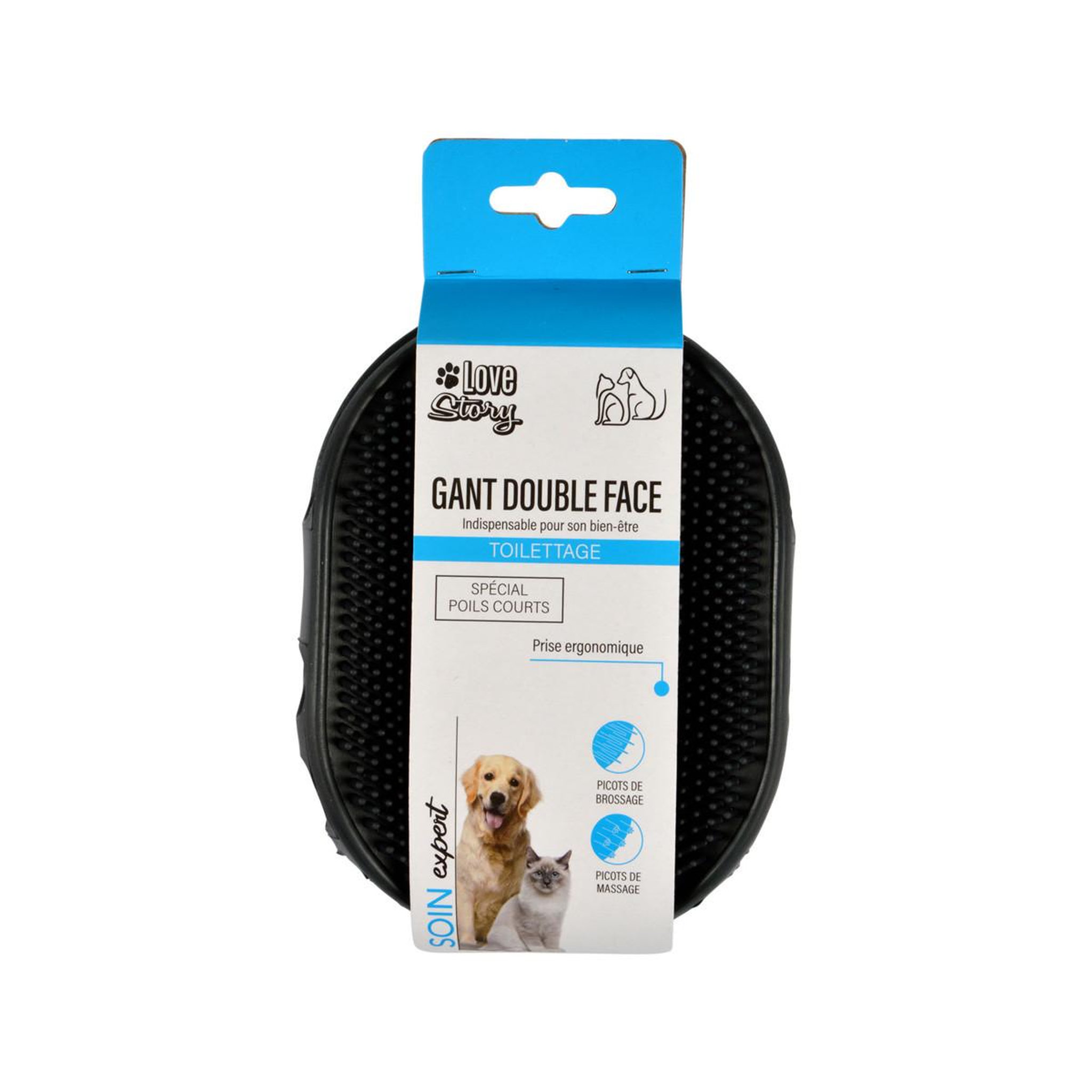 Voir la diapositive 3 : LOVE STORY Gant de brossage pour chien & chat  2 faces  15cm gris