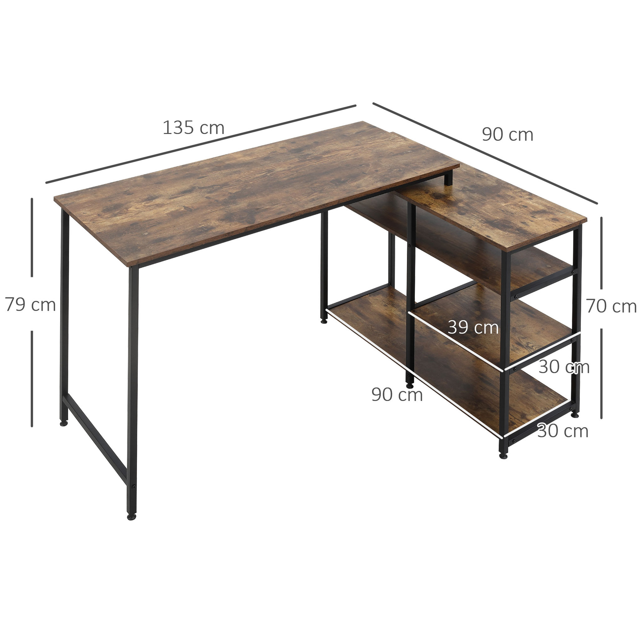 Voir la diapositive 3 : HOMCOM Bureau informatique design industriel bureau d'angle 3 étagères aspect vieux bois métal noir