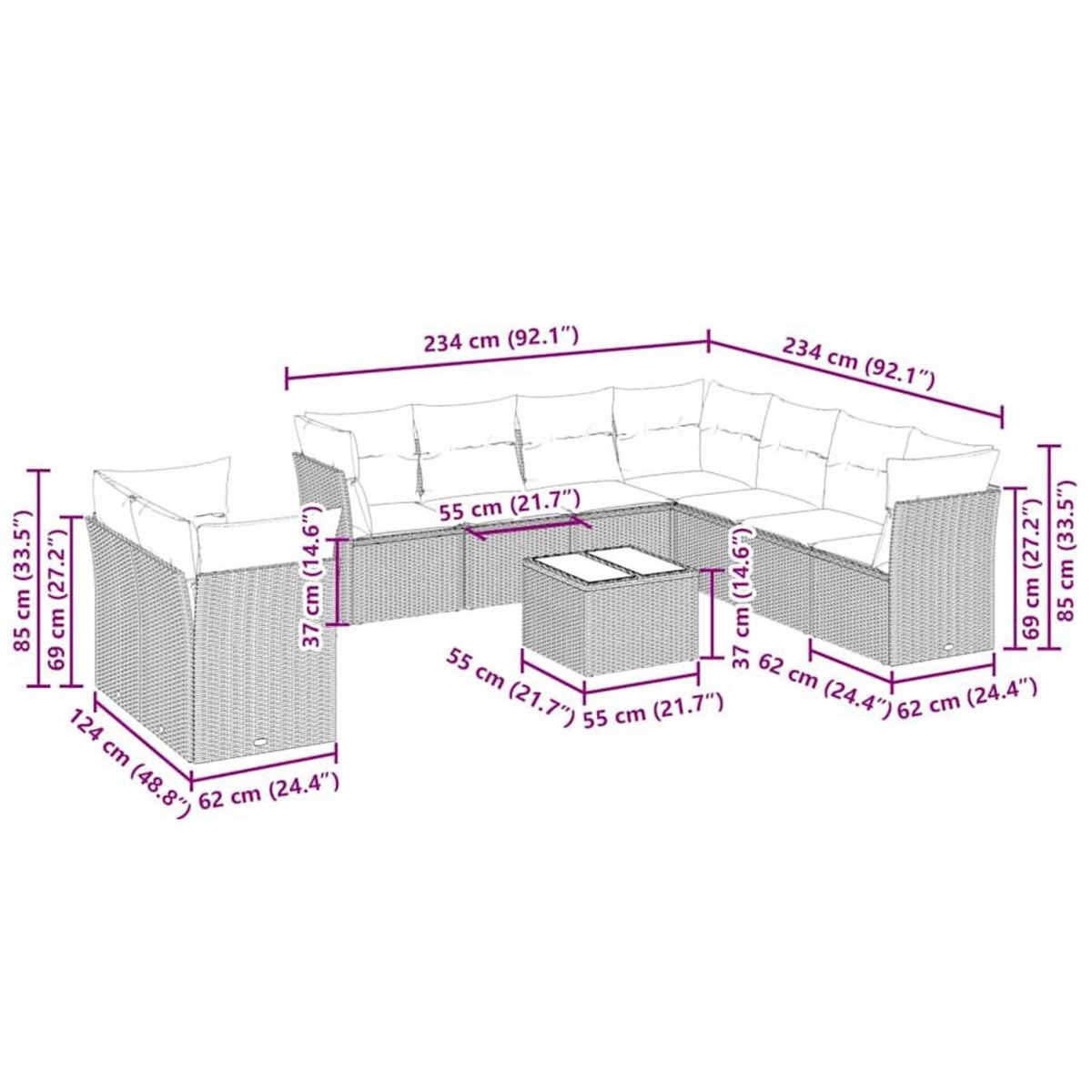 VIDAXL Salon de jardin avec coussins 10 pcs gris clair resine tressee