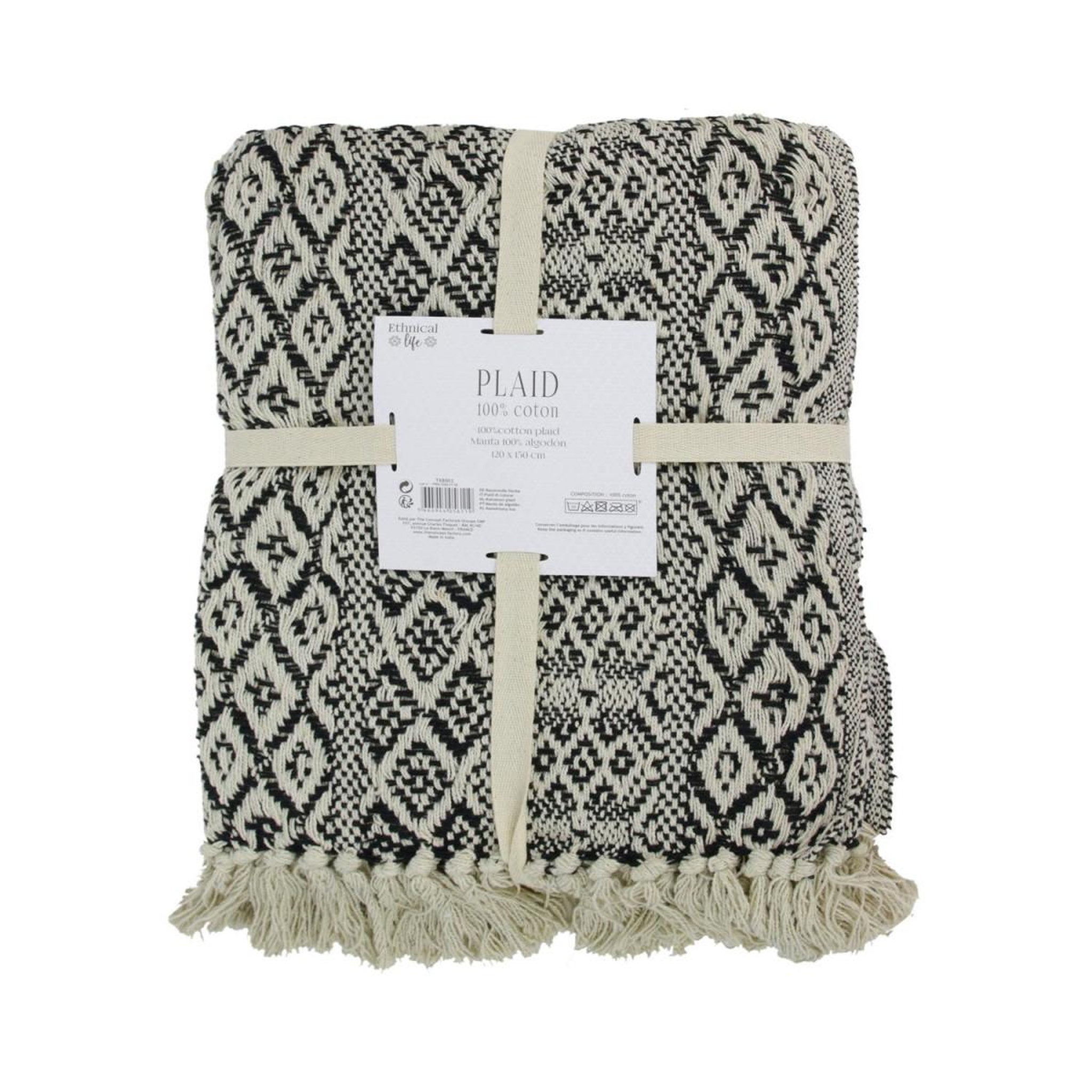 Voir la diapositive 4 : The Home Deco Factory Plaid déco à franges  ethnick  120x150cm écru