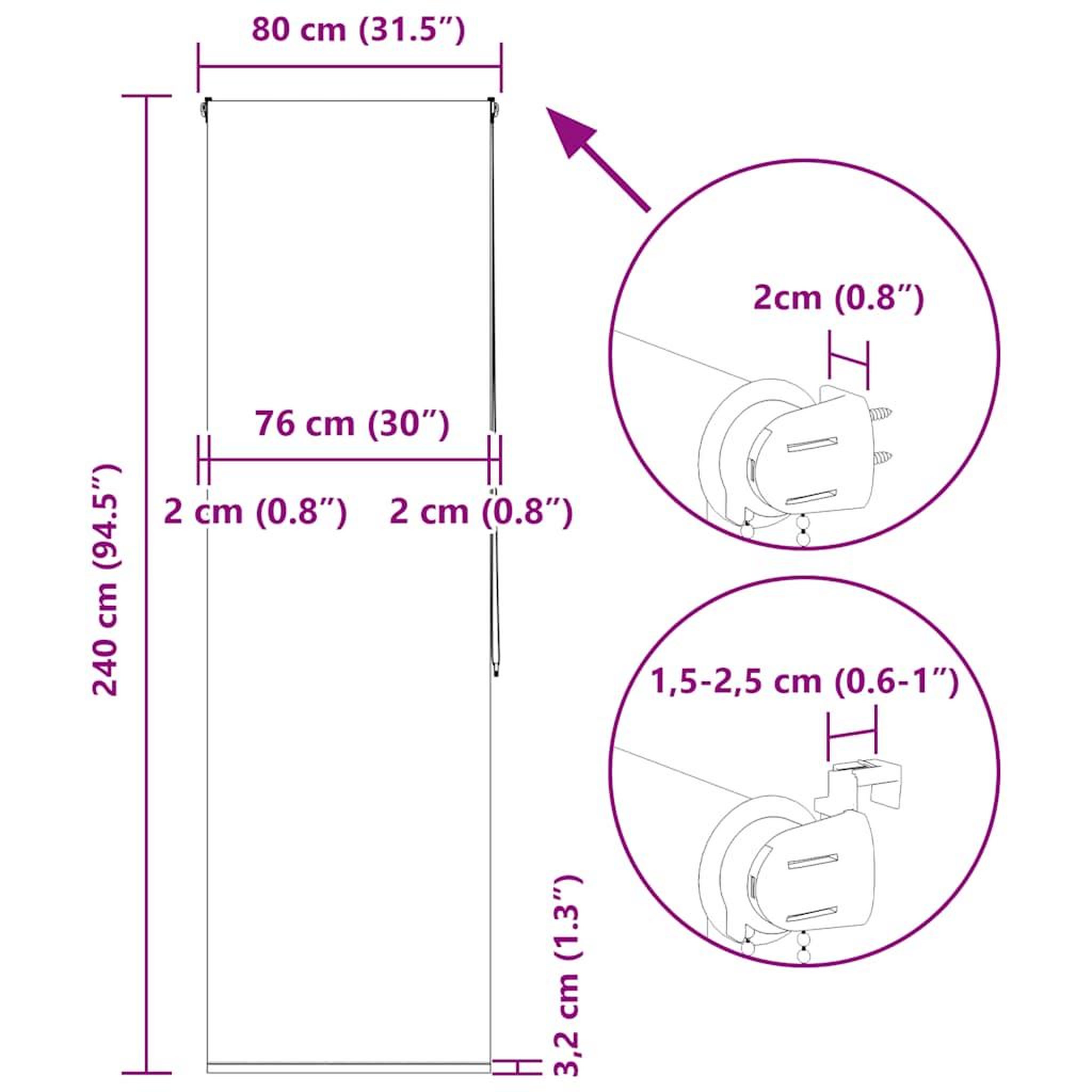 Voir la diapositive 6 : VIDAXL Store enrouleur de douche 80x240 cm largeur du tissu 76 cm