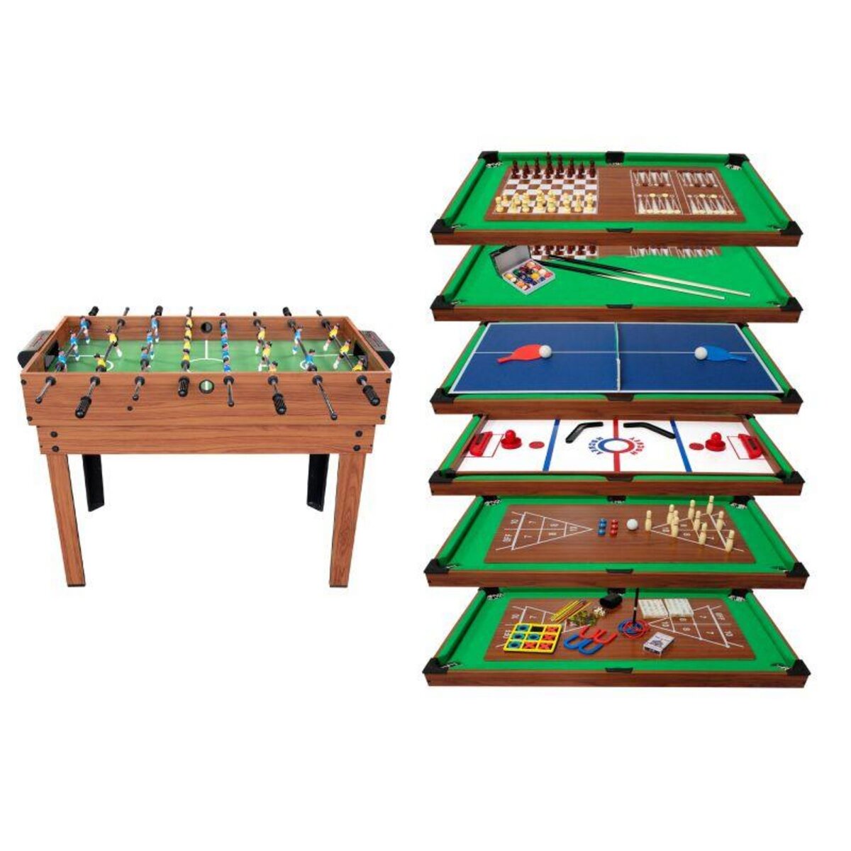 PLAY4FUN Table Multi Jeux 20 en 1 sur Pied, Multifonction avec Plateaux Modulables et Accessoires pour 20 jeux différents, 122x61x84 cm