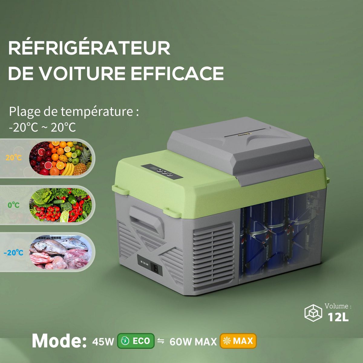 OUTSUNNY Glacière électrique voiture à compression 12L - réfrigérateur voiture congélateur 12/24V 60W max 2 modes gris vert