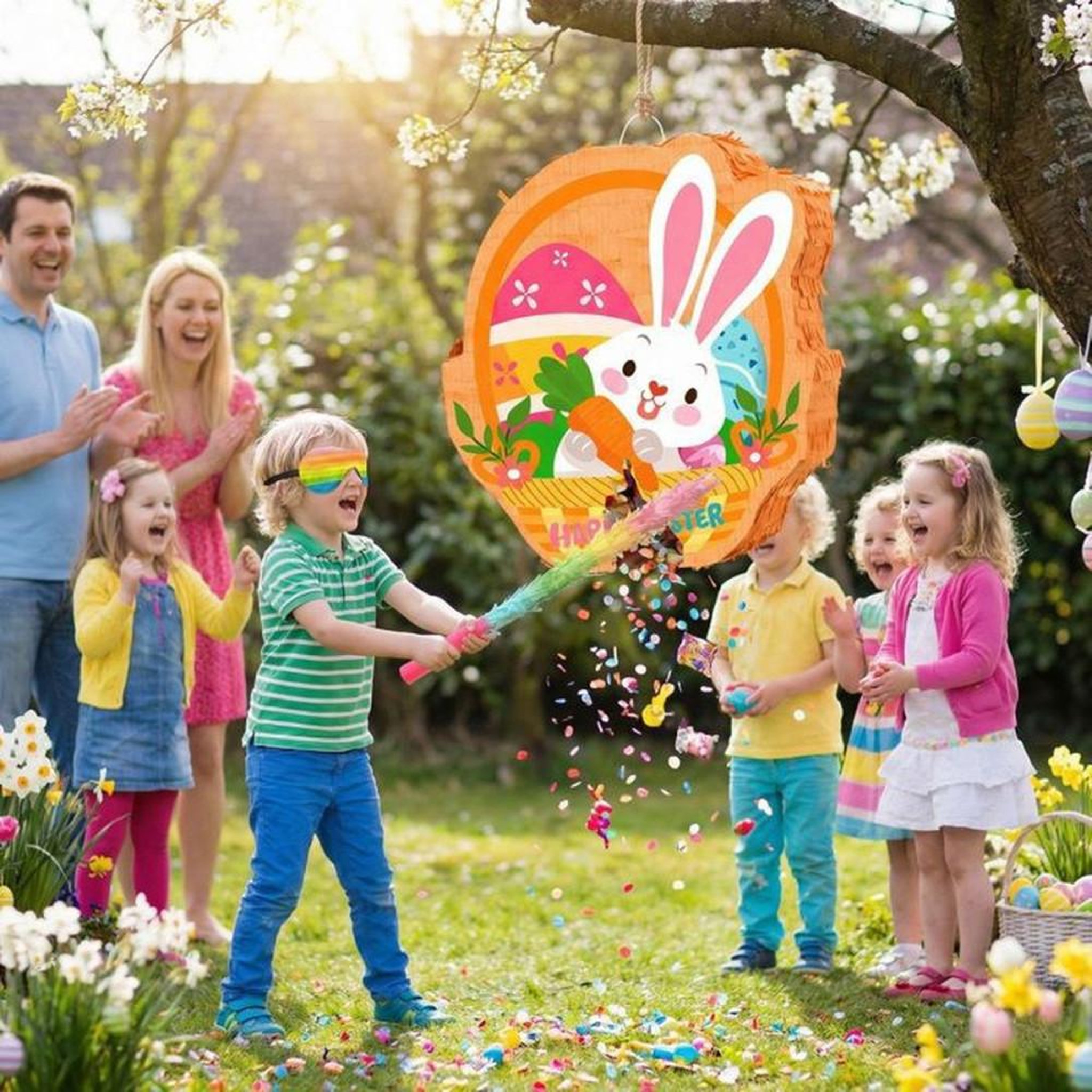 Voir la diapositive 4 : Piñata ronde Lapin de Pâques suspendue multicolore avec masque, bâton et confettis, kit de décoration intérieure 35 cm