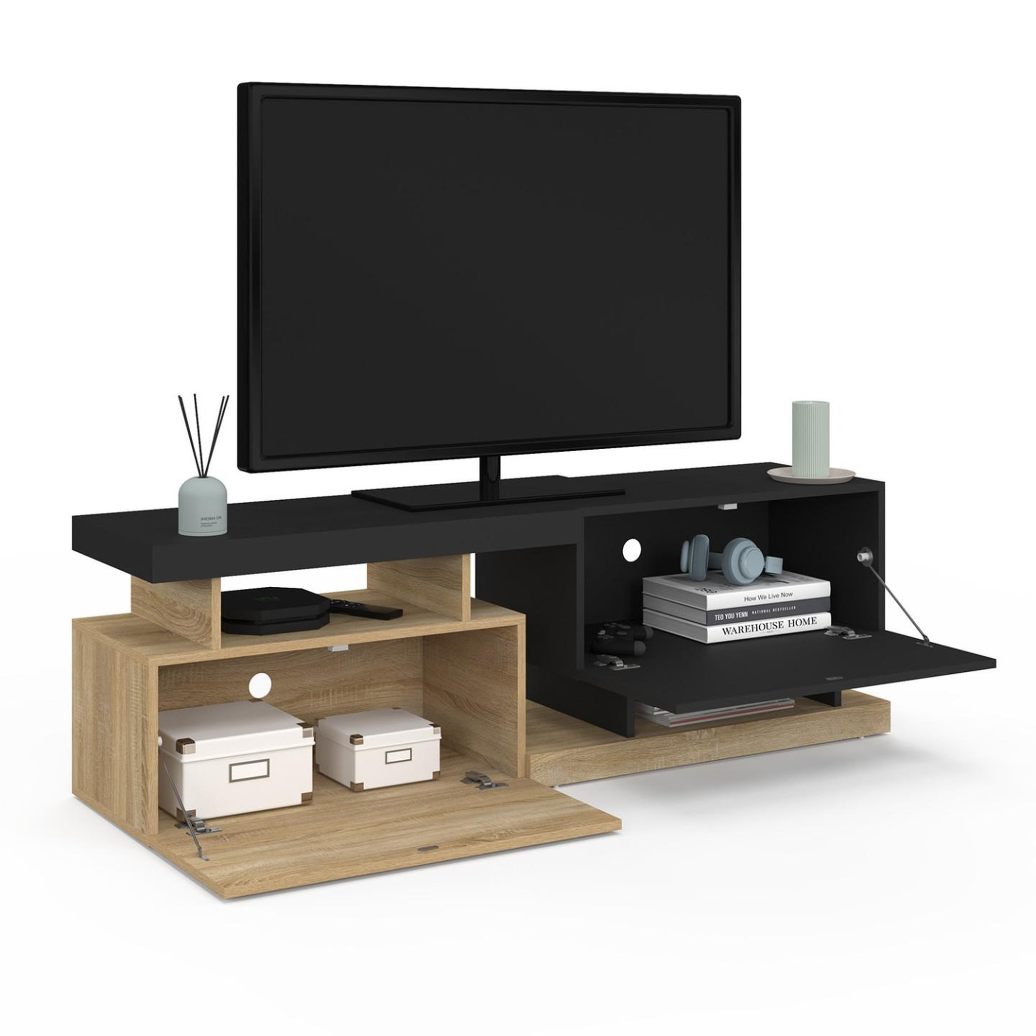 Voir la diapositive 4 : ID MARKET Meuble tv 140 cm angulo 2 portes effet bois et noir