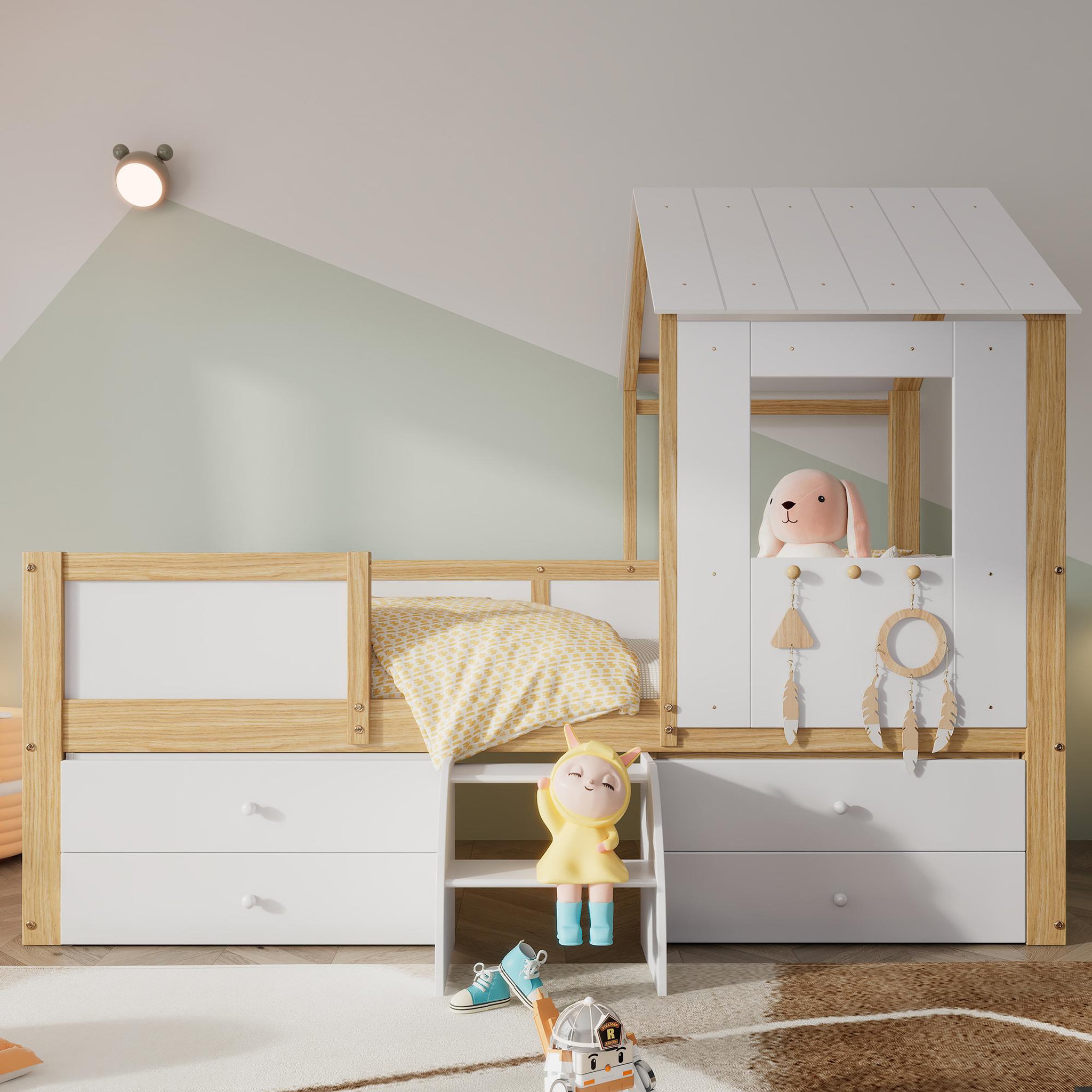 Voir la diapositive 2 : MERAX Lit enfant mi hauteur 90x200cm coloris blanc+naturel pin