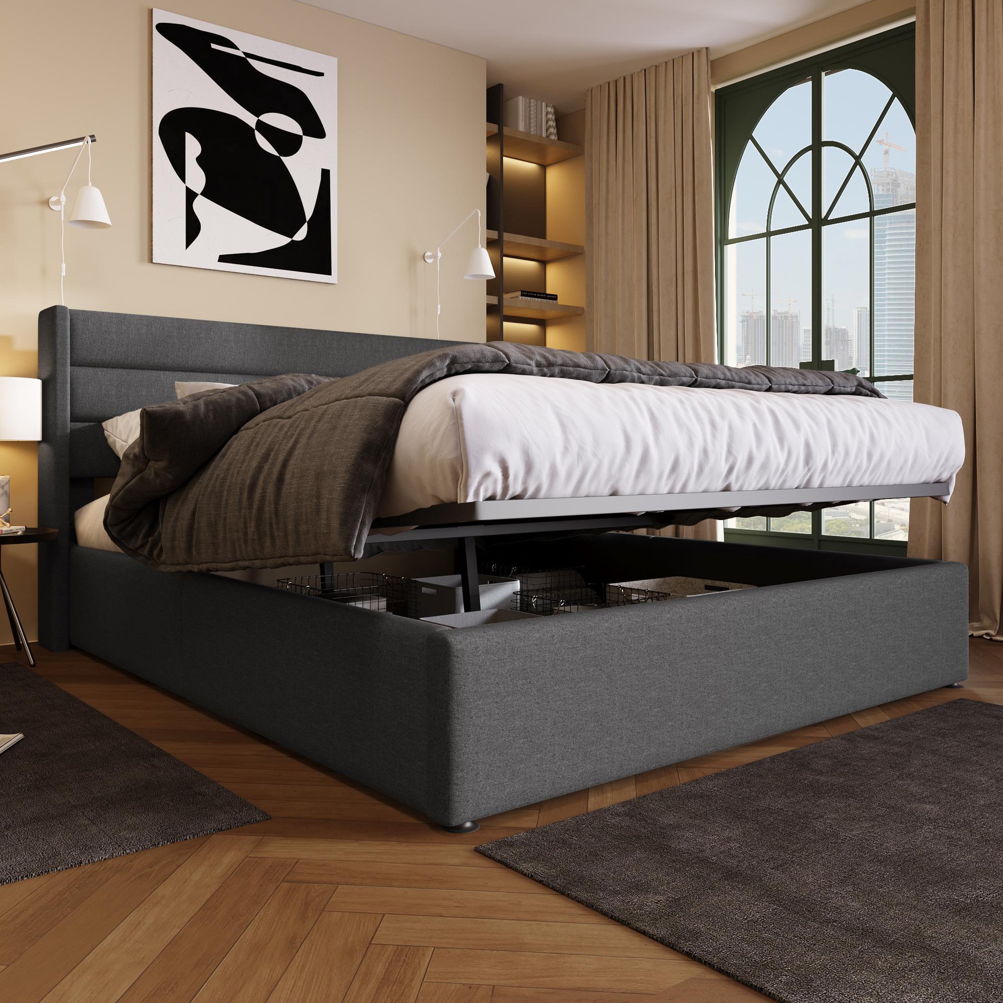 Voir la diapositive 2 : MERAX Lit coffre avec sommier Lin