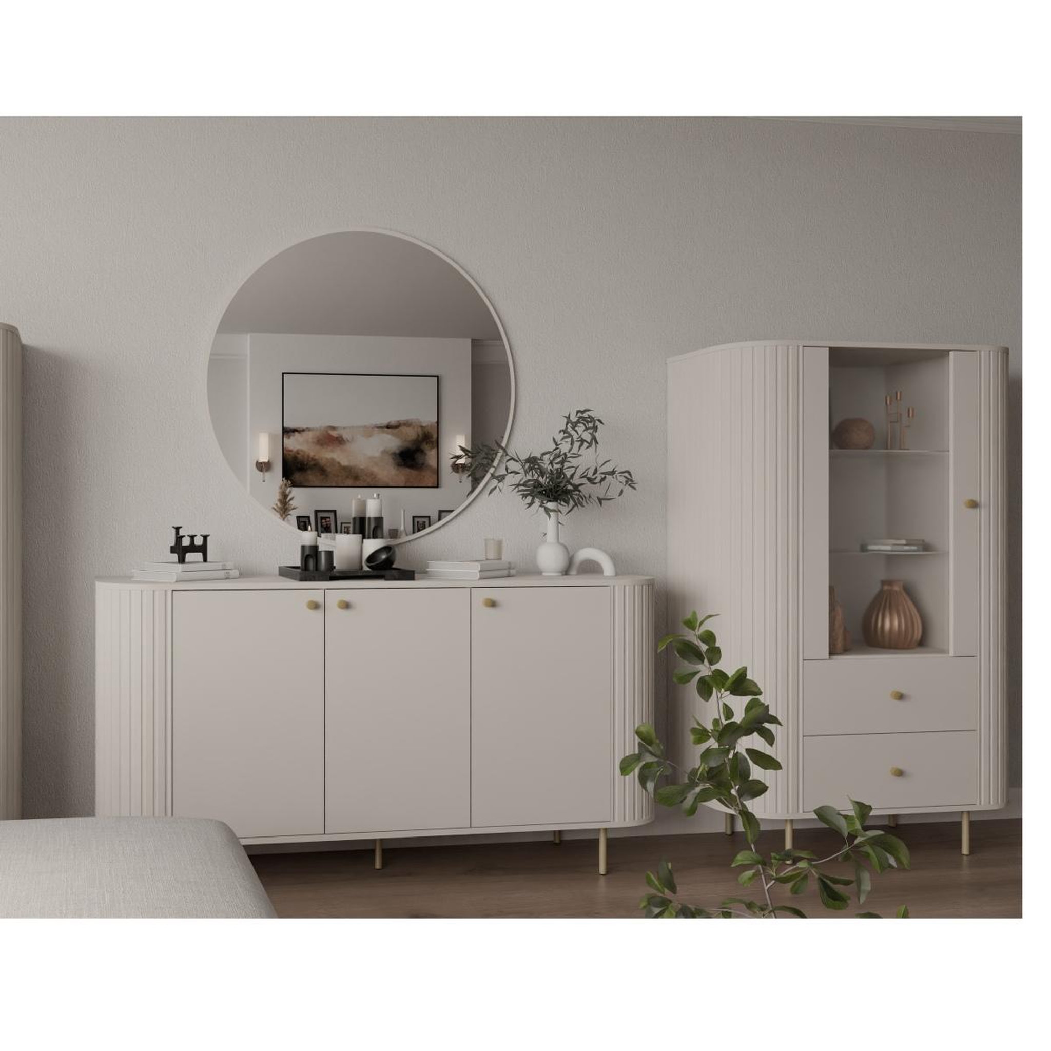 Voir la diapositive 4 : JLC KREATION Buffet bas design beige bord arrondi 3 portes165cm lilio