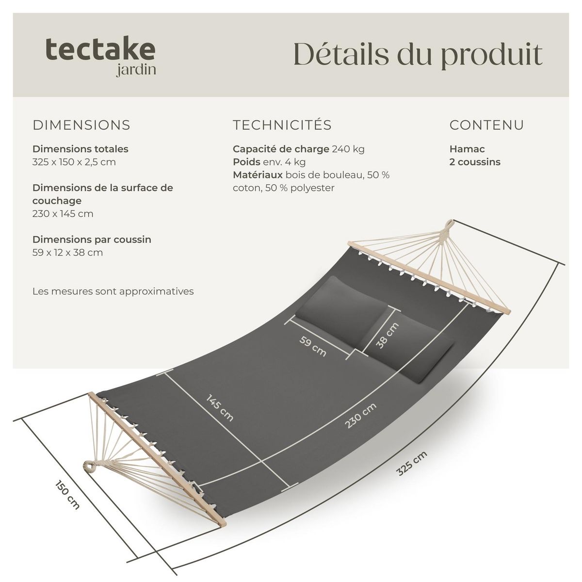 tectake Hamac avec barres d'expansion pour 2 personnes gris foncé