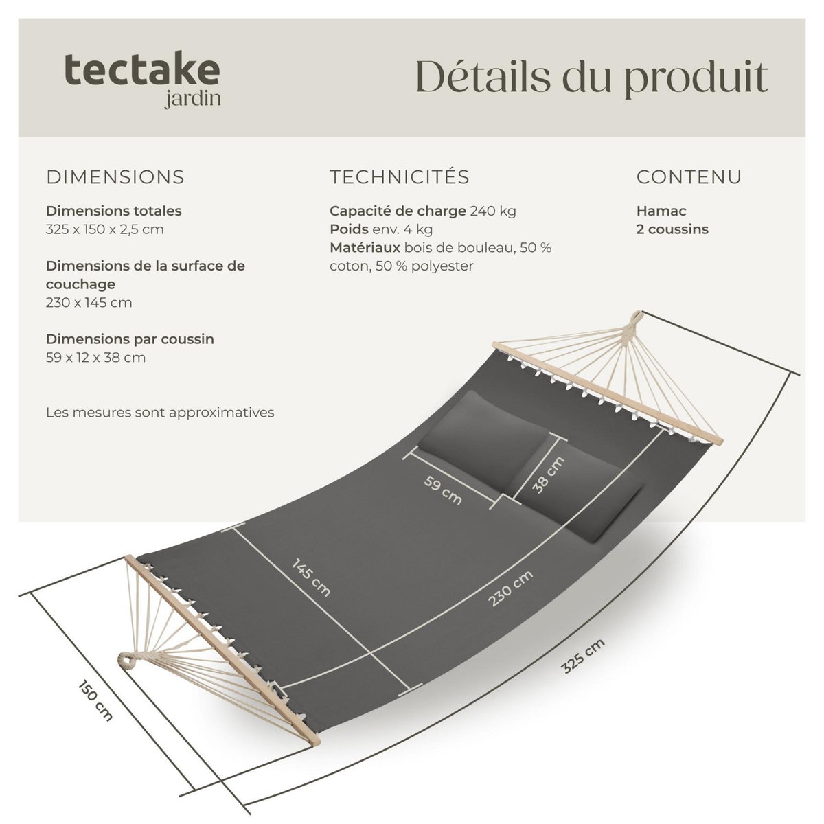 tectake Hamac avec barres d'expansion pour 2 personnes gris foncé
