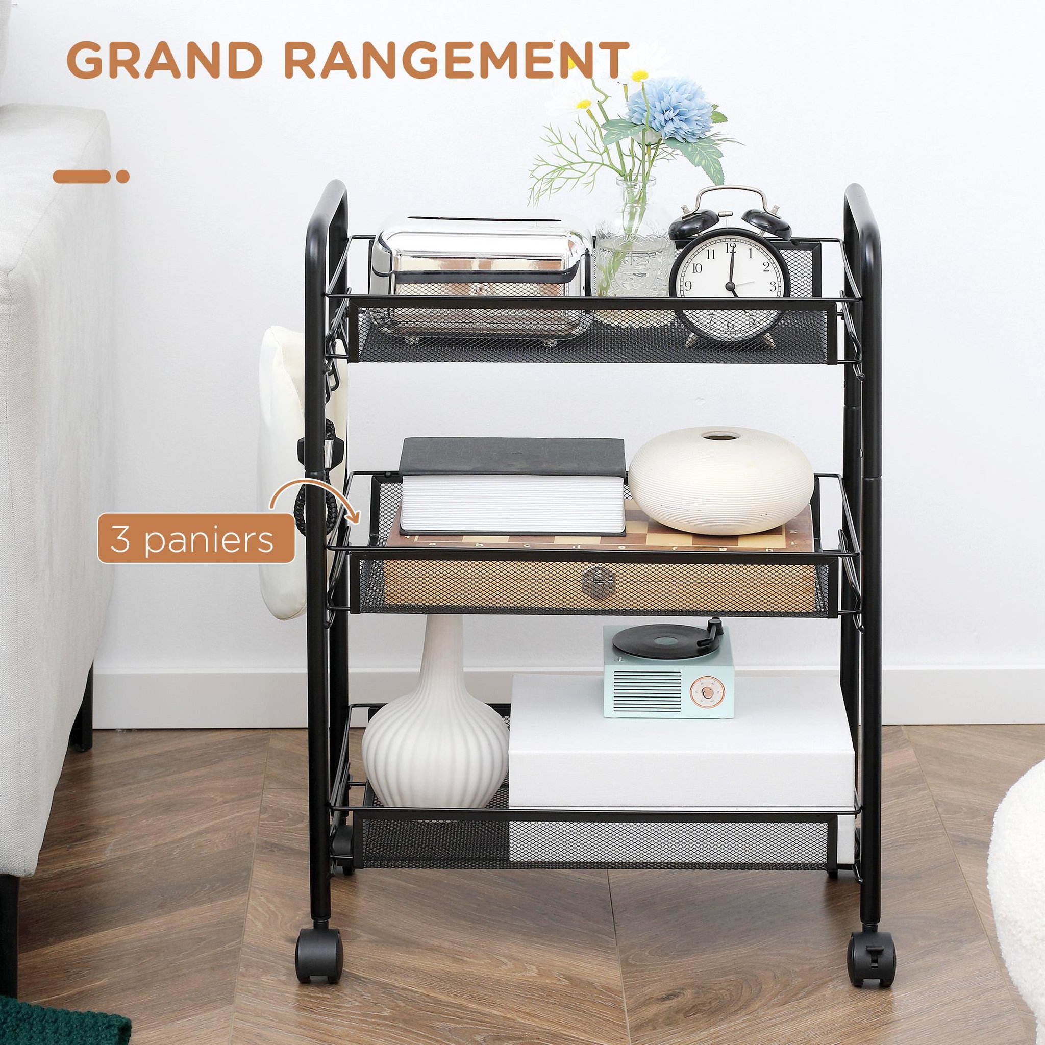 Voir la diapositive 4 : HOMCOM Chariot desserte 3 paniers 4 crochets acier noir
