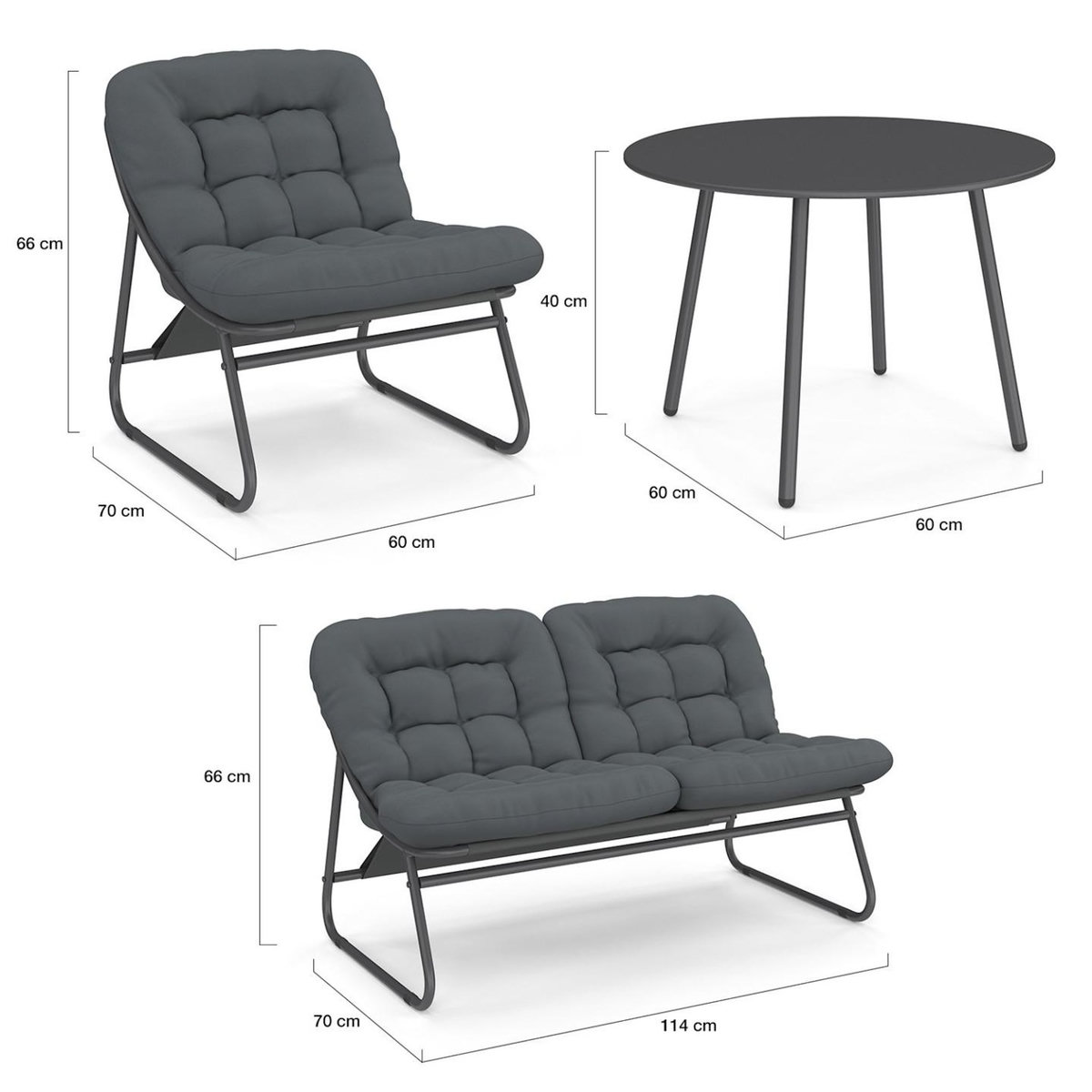 ID MARKET Salon de jardin ARONA bas 4 places en métal gris anthracite et coussins gris avec canapé, fauteuils et table