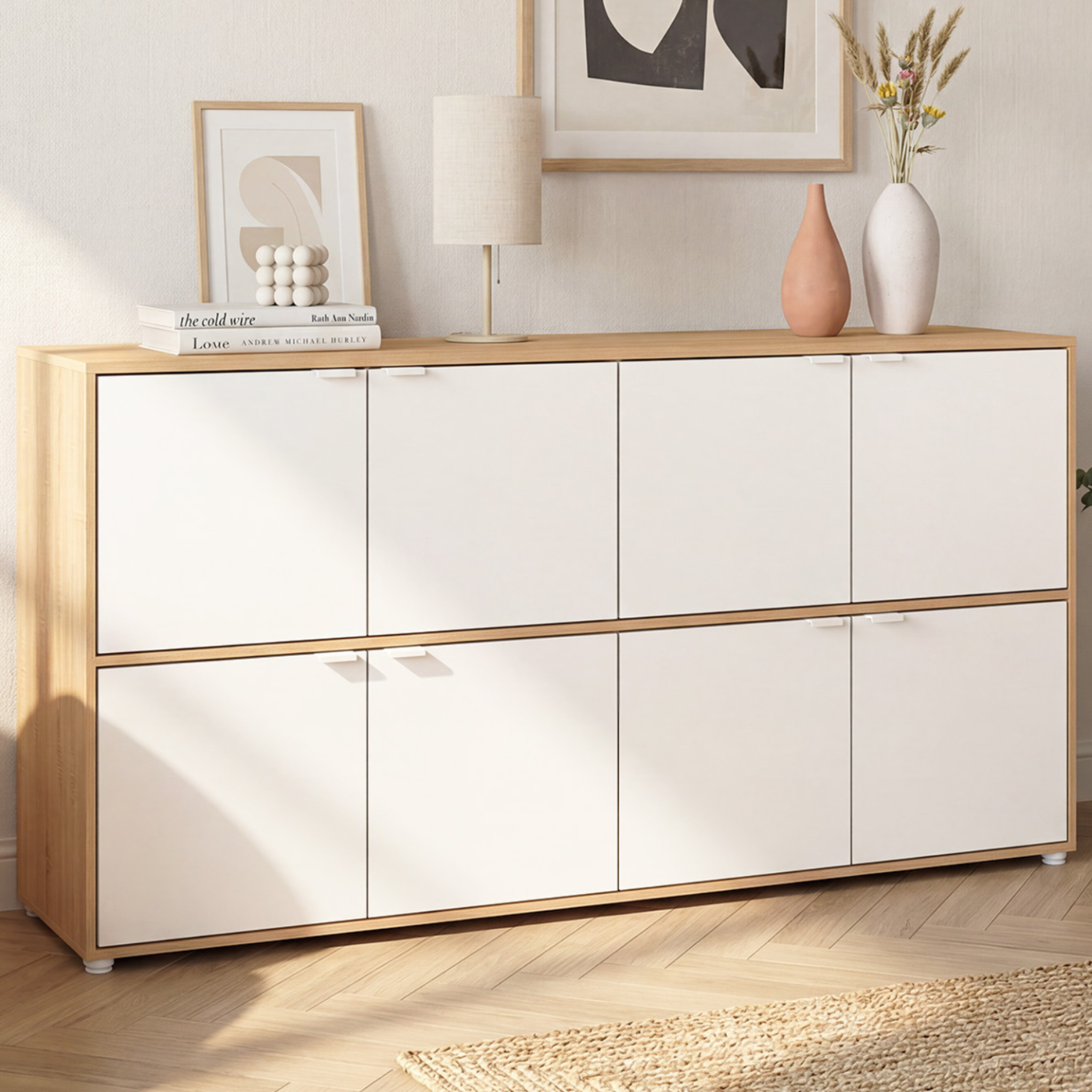 Voir la diapositive 2 : ID MARKET Buffet casier 130 cm cassie 8 portes blanc et bois