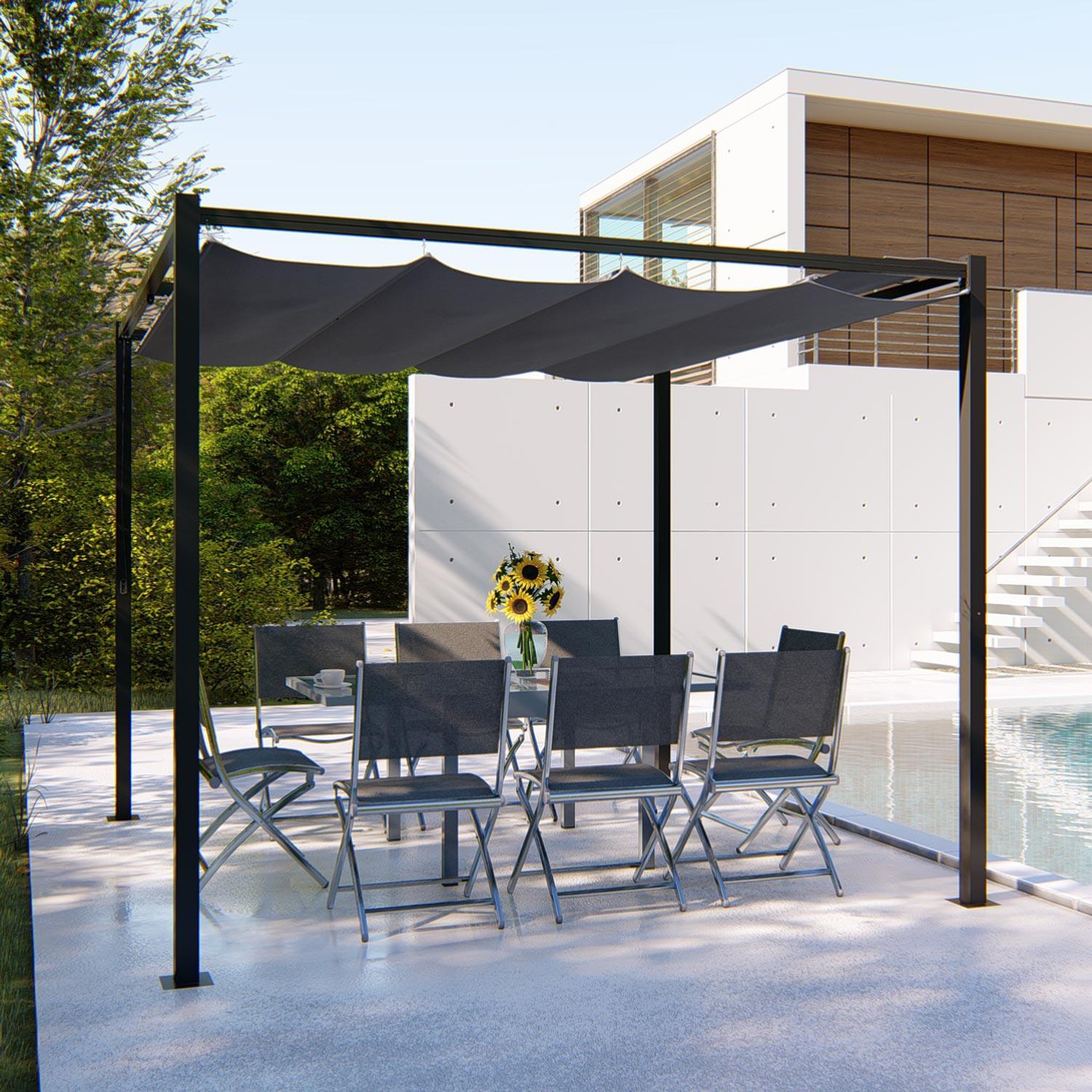 Voir la diapositive 2 : CONCEPT USINE Pergola autoportante 3 x 3 m en acier avec toile grise tusa