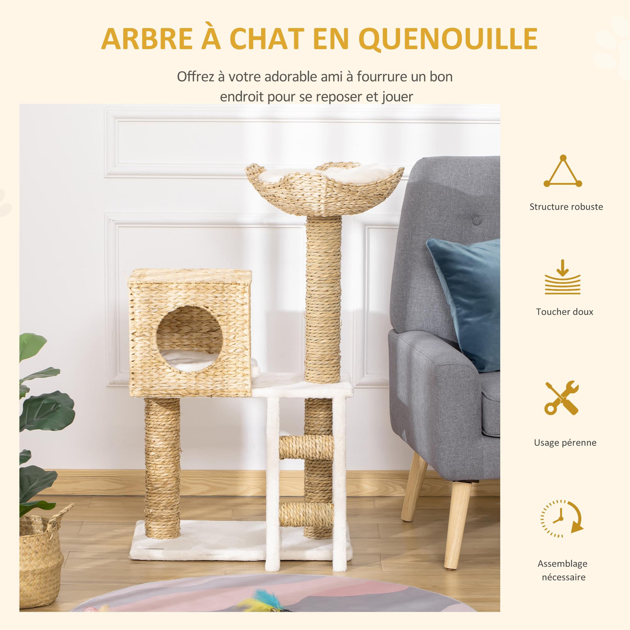 Voir la diapositive 4 : PAWHUT Arbre à chat style cosy chic griffoirs quenouille échelle niche panier 2 coussins inclus peluche courte polyester haute densité crème beige