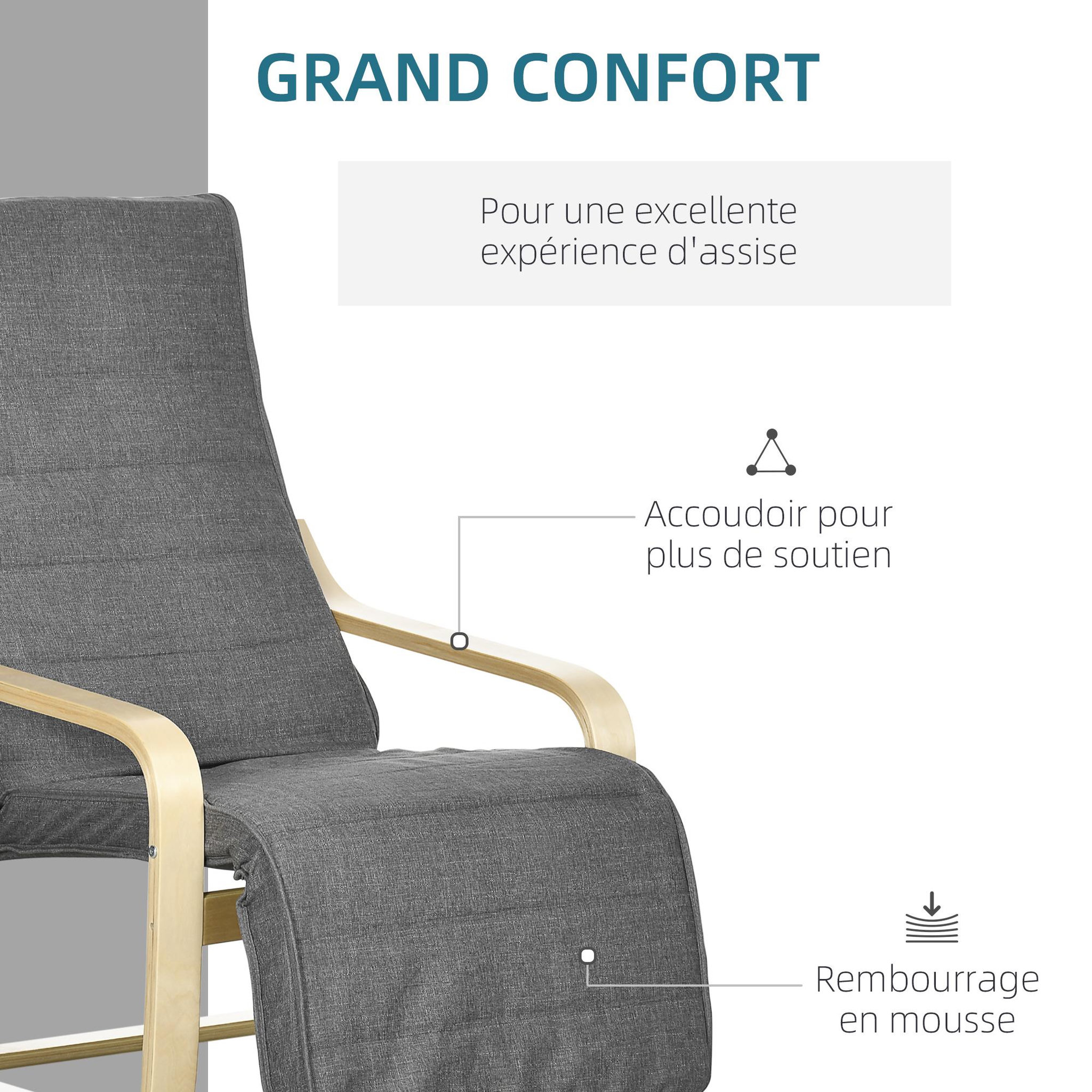 Voir la diapositive 5 : HOMCOM Fauteuil style nordique - repose-pied réglable - déhoussable - bois de bouleau tissu gris