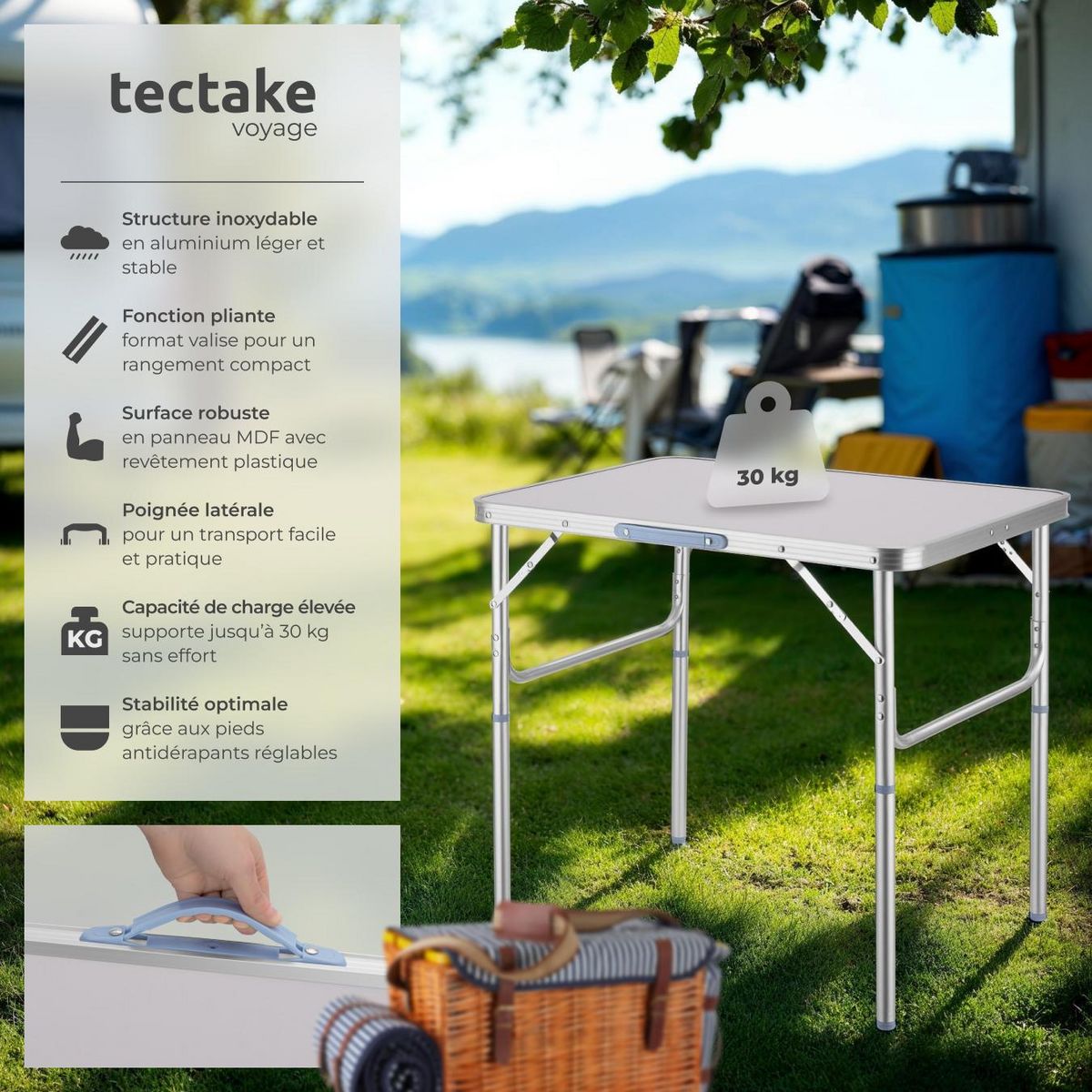 tectake Table de camping valise pliable gris